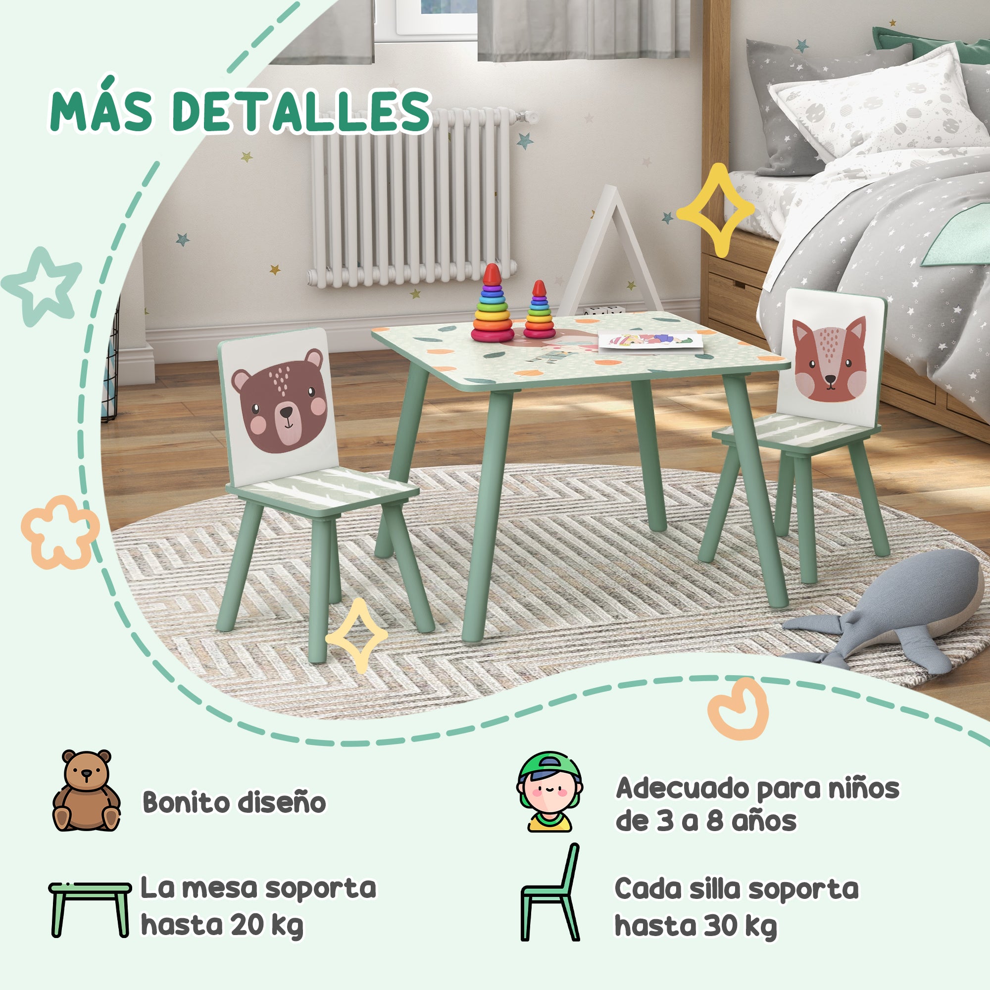 ZONEKIZ 3-Piece Children's Table and Chairs Set Kids Table with 2 Chairs Furniture Set for Activities for Children 3-8 Years for Bedroom Playroom Green and White