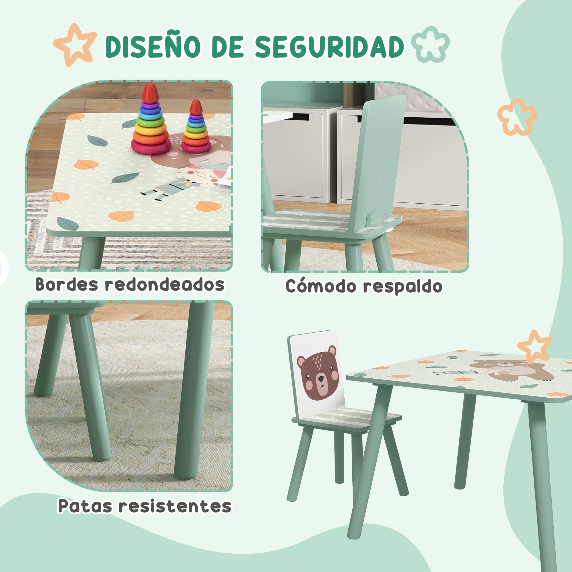 ZONEKIZ 3-Piece Children's Table and Chairs Set Kids Table with 2 Chairs Furniture Set for Activities for Children 3-8 Years for Bedroom Playroom Green and White