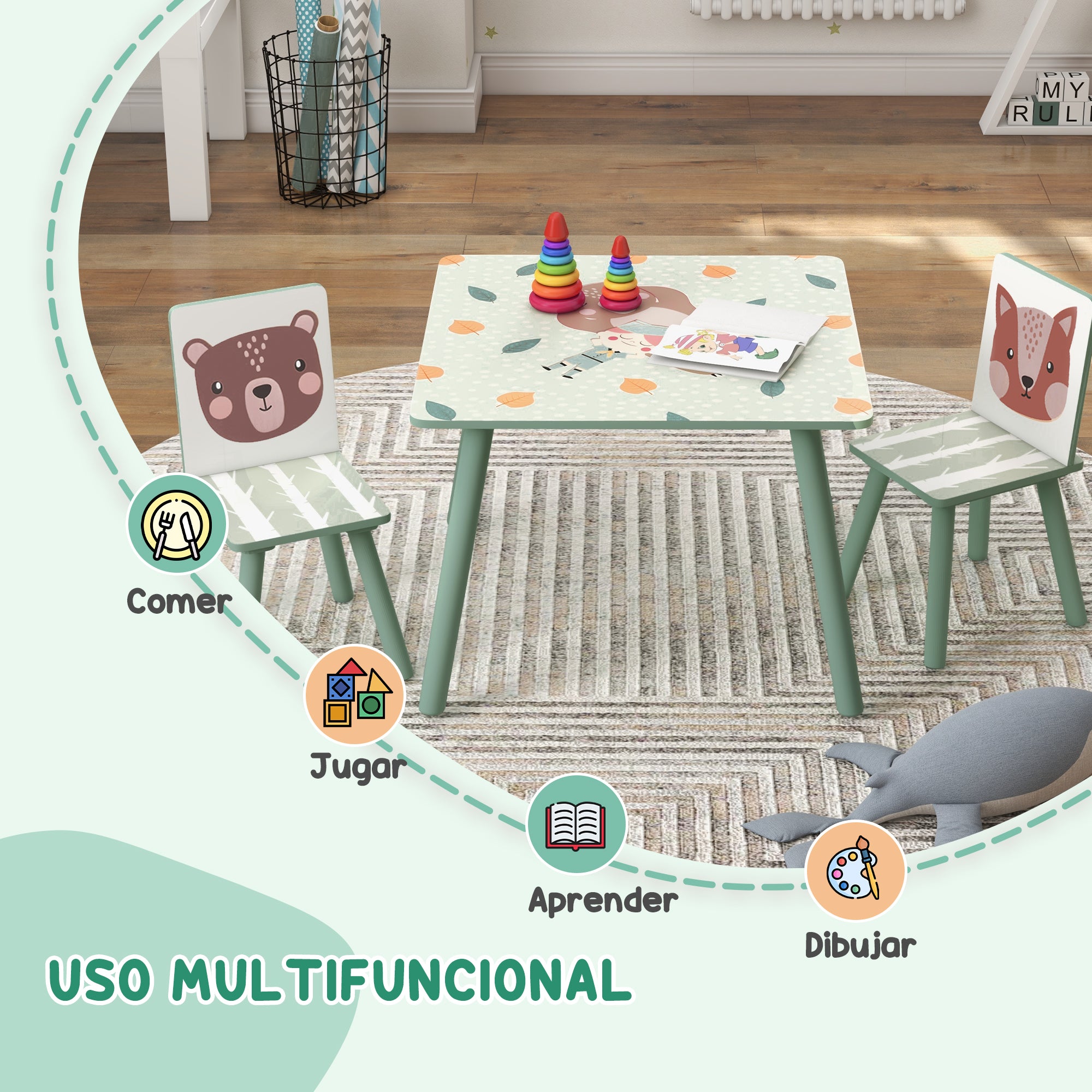 ZONEKIZ 3-Piece Children's Table and Chairs Set Kids Table with 2 Chairs Furniture Set for Activities for Children 3-8 Years for Bedroom Playroom Green and White