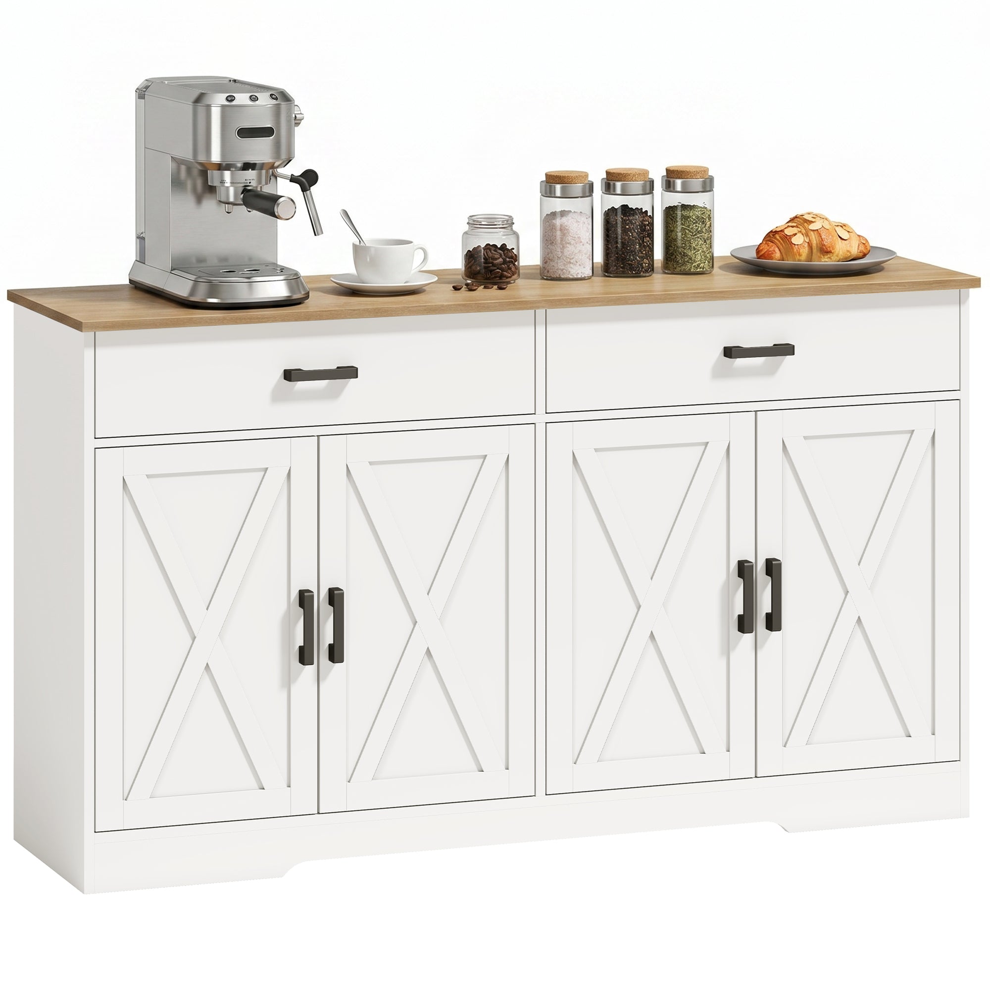 Sideboard Buffet Cabinet, 55.1 in Farmhouse Kitchen Cabinet with 2 Drawers & 2 Cabinets, Coffee Bar with Sliding/Barn-Style Doors and Adjustable Shelves, White