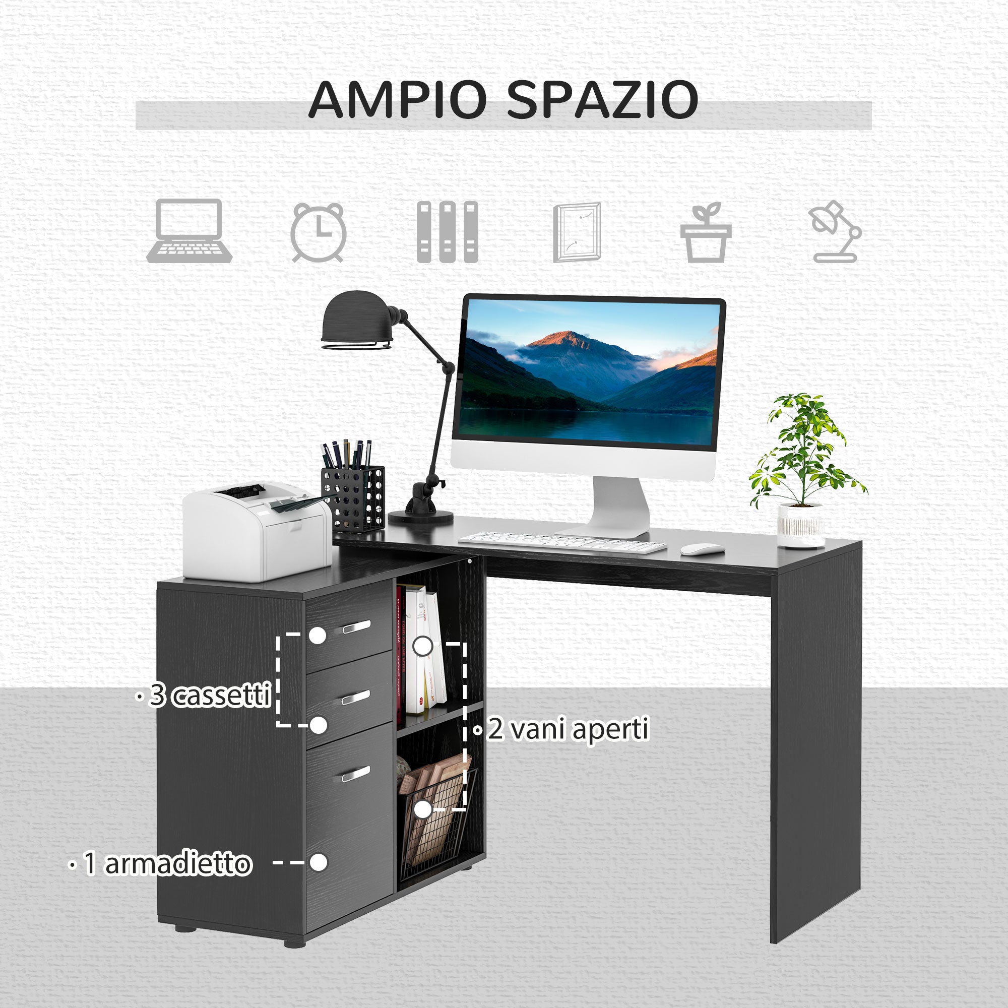 Corner Desk for PC with 2 Drawers and Open Shelves, L-Shaped Desk in Wood and Metal, 117x83.5x76 cm, Black