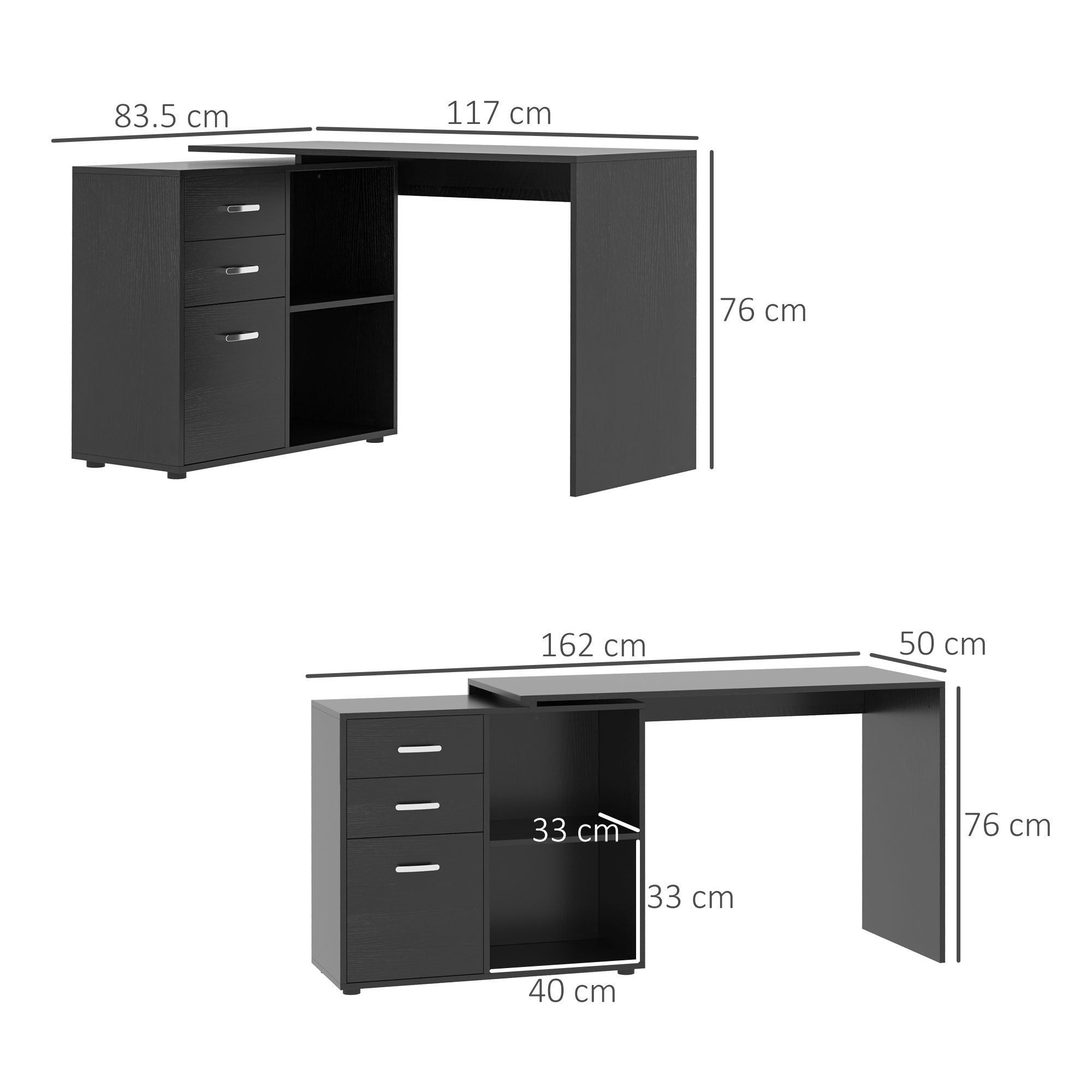Corner Desk for PC with 2 Drawers and Open Shelves, L-Shaped Desk in Wood and Metal, 117x83.5x76 cm, Black
