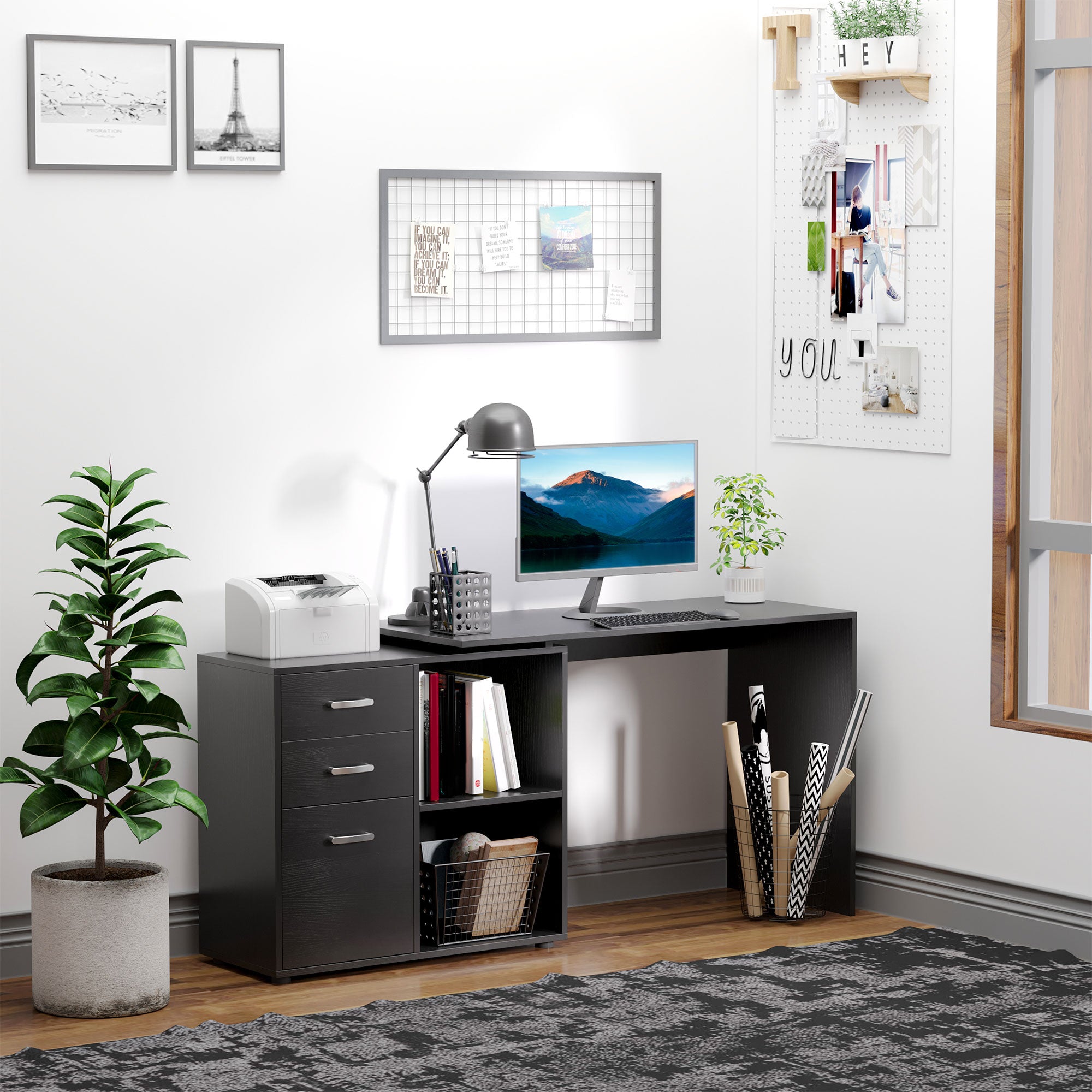 Corner Desk for PC with 2 Drawers and Open Shelves, L-Shaped Desk in Wood and Metal, 117x83.5x76 cm, Black