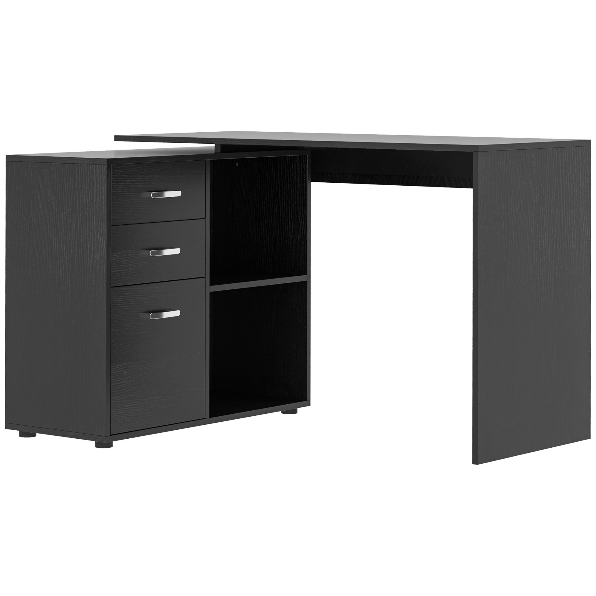 Corner Desk for PC with 2 Drawers and Open Shelves, L-Shaped Desk in Wood and Metal, 117x83.5x76 cm, Black