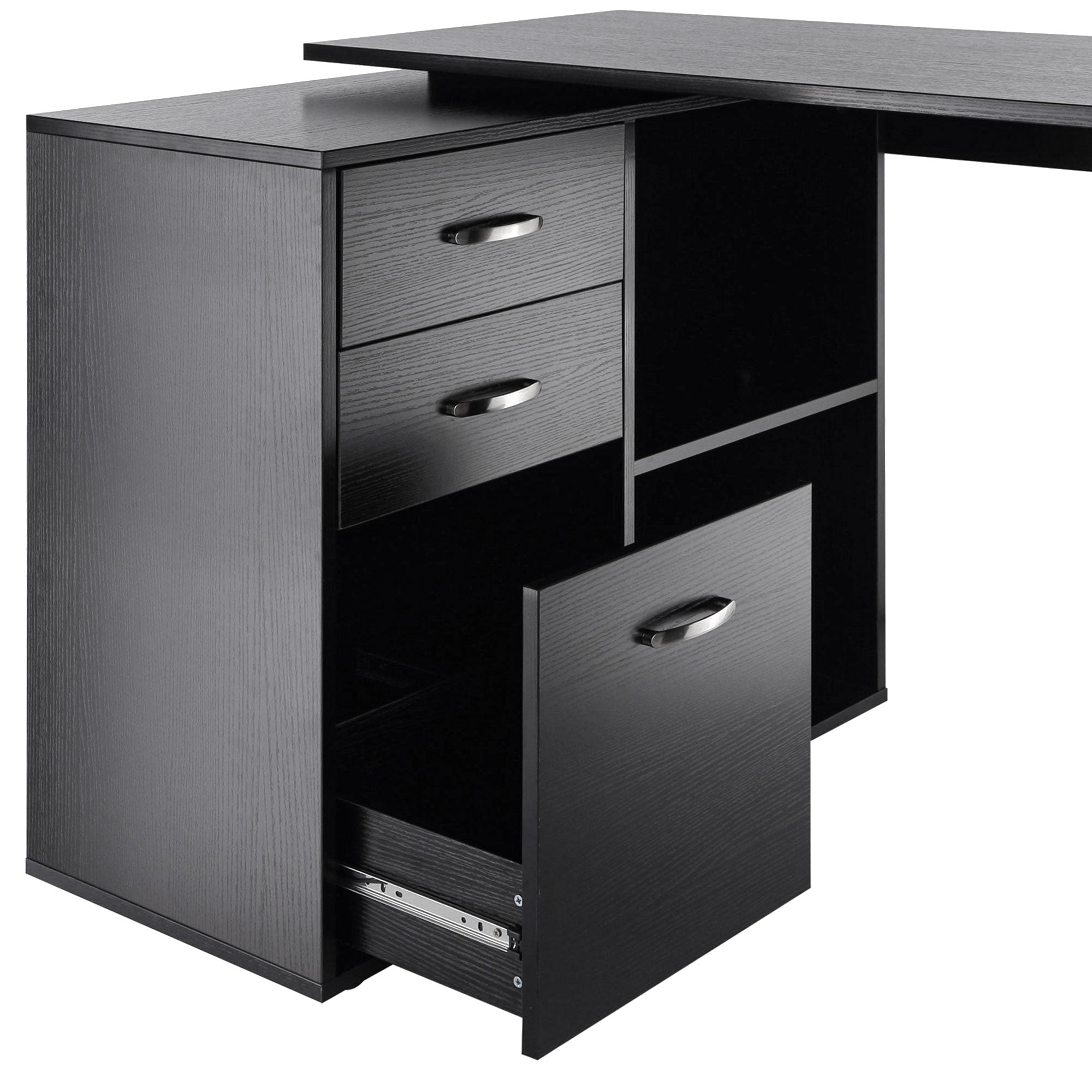 Corner Desk for PC with 2 Drawers and Open Shelves, L-Shaped Desk in Wood and Metal, 117x83.5x76 cm, Black