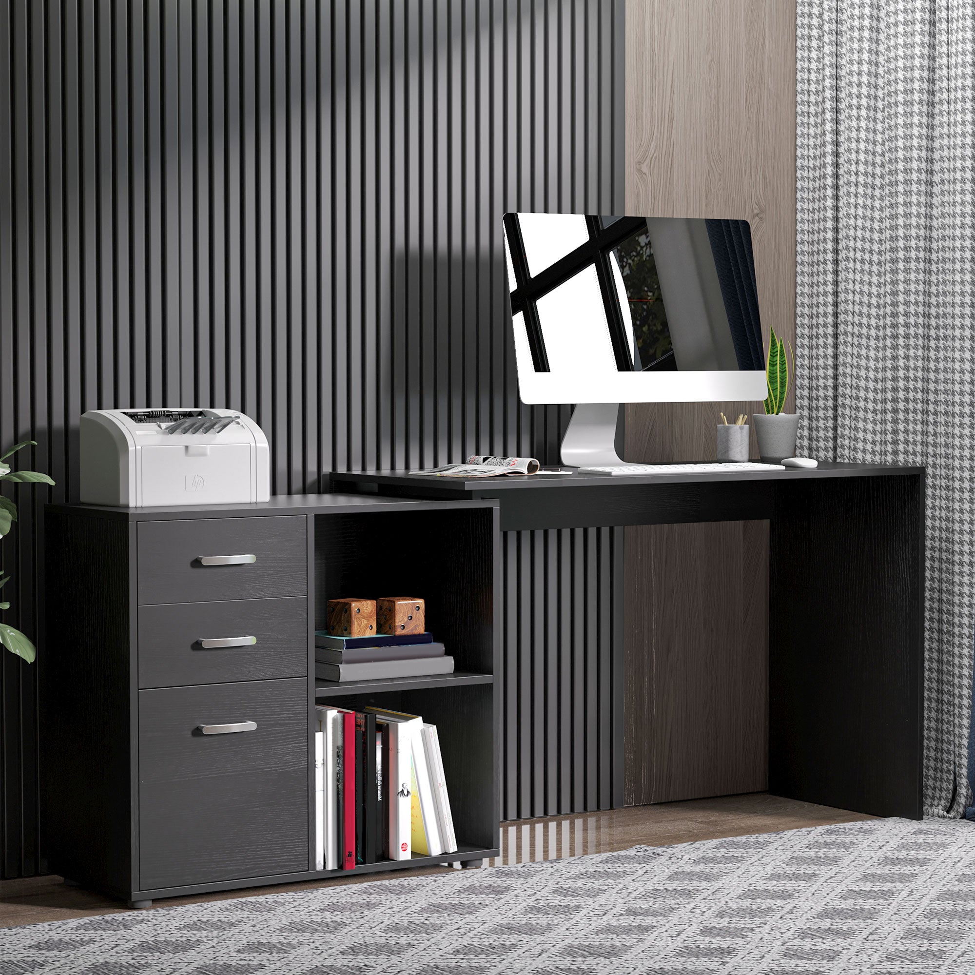 Corner Desk for PC with 2 Drawers and Open Shelves, L-Shaped Desk in Wood and Metal, 117x83.5x76 cm, Black