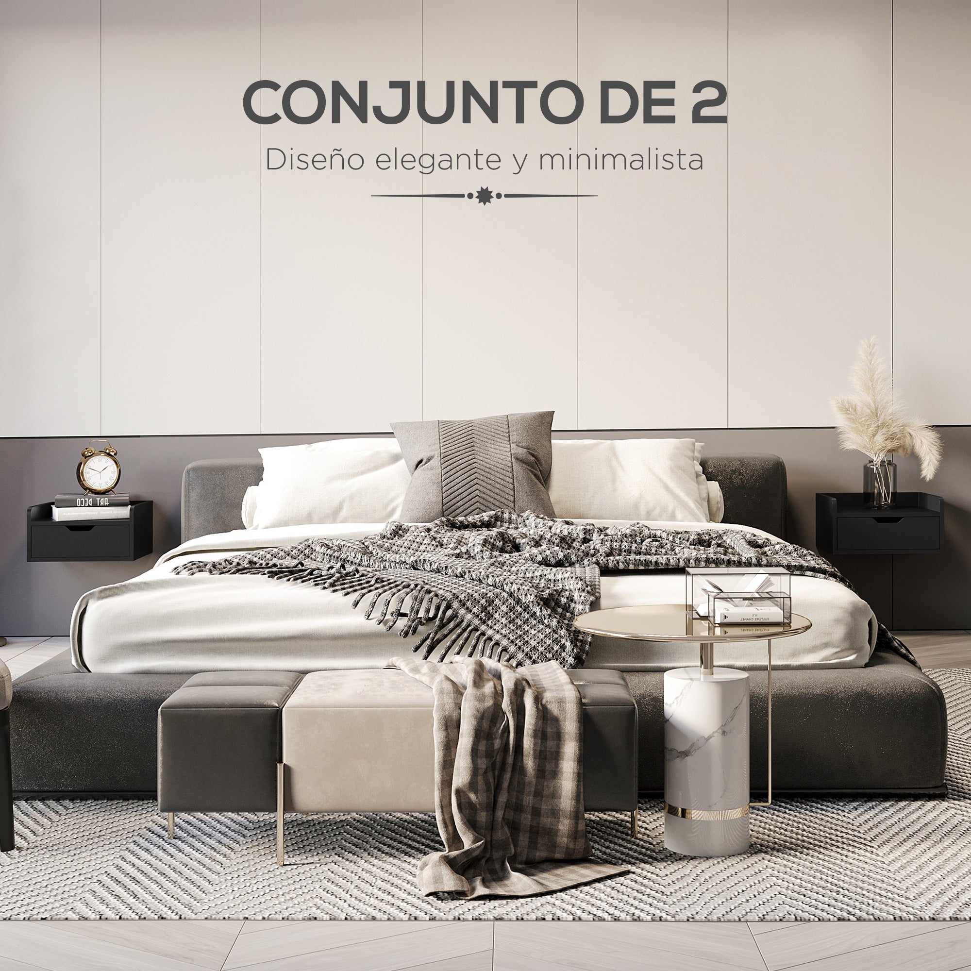 Set of 2 Wall-Mounted Bedside Tables Nightstands with 1 Drawer for Bedroom Home Simple Design 40x30x19.5 cm Black