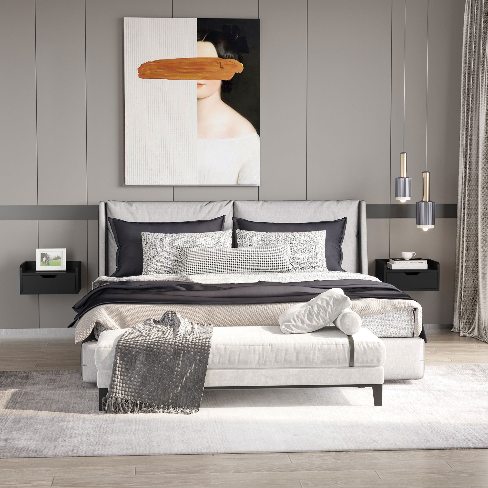 Set of 2 Wall-Mounted Bedside Tables Nightstands with 1 Drawer for Bedroom Home Simple Design 40x30x19.5 cm Black