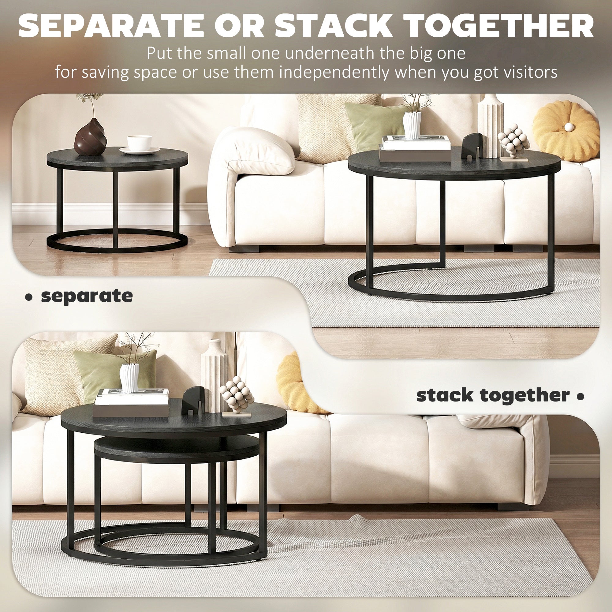 2-Piece Round Nesting Coffee Table Set with Metal Frame, Wood-Effect Tops, Black — 31.0 x 31.0 x 18.3 in