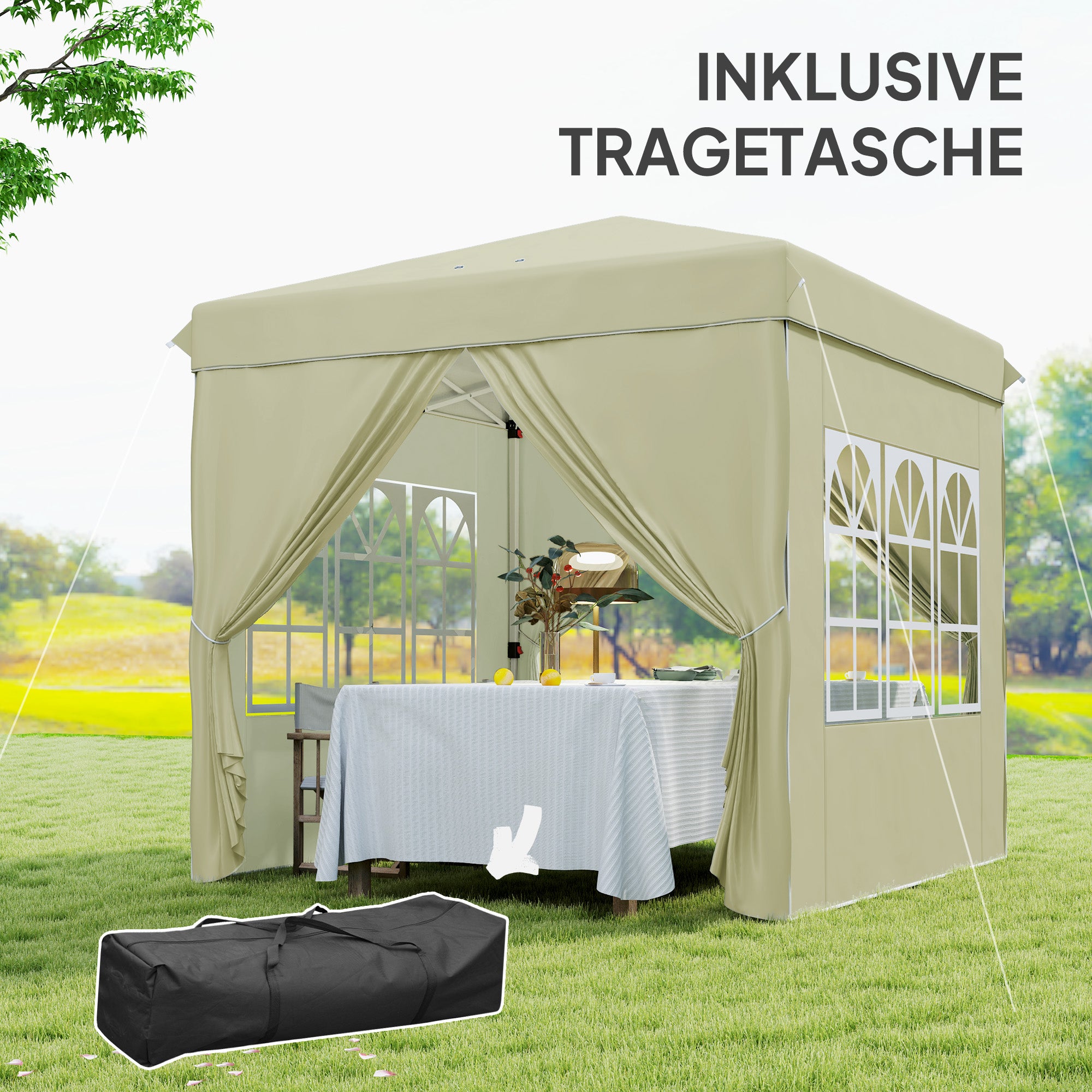 Pavilion approx. 2.5x2.5m, water-resistant Stable Winterproof Pop-up Folding Pavilion, UV Protection 50+, Foldable Party Tent Garden Tent with 4 Side Panels Bag Garden Pavilion for Camping Garden, Cream White