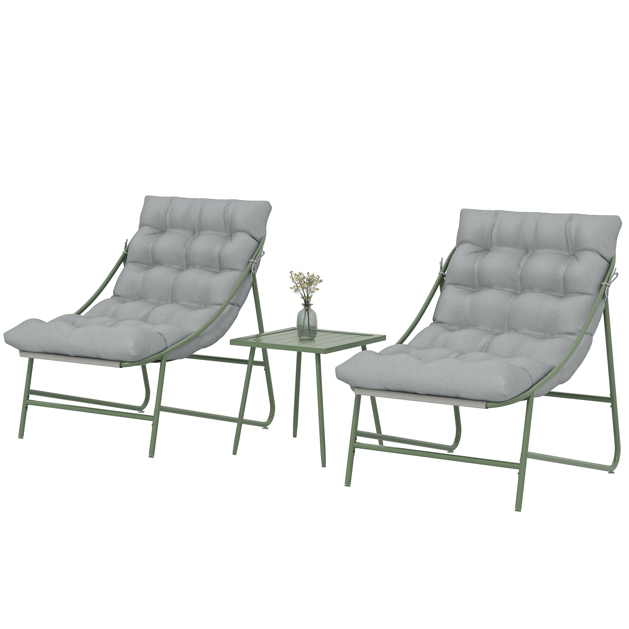 3-Piece Outdoor Patio Bistro Set with Cushions — 2 Lounge Chairs & Side Table, Powder-Coated Steel Frame, Light Gray