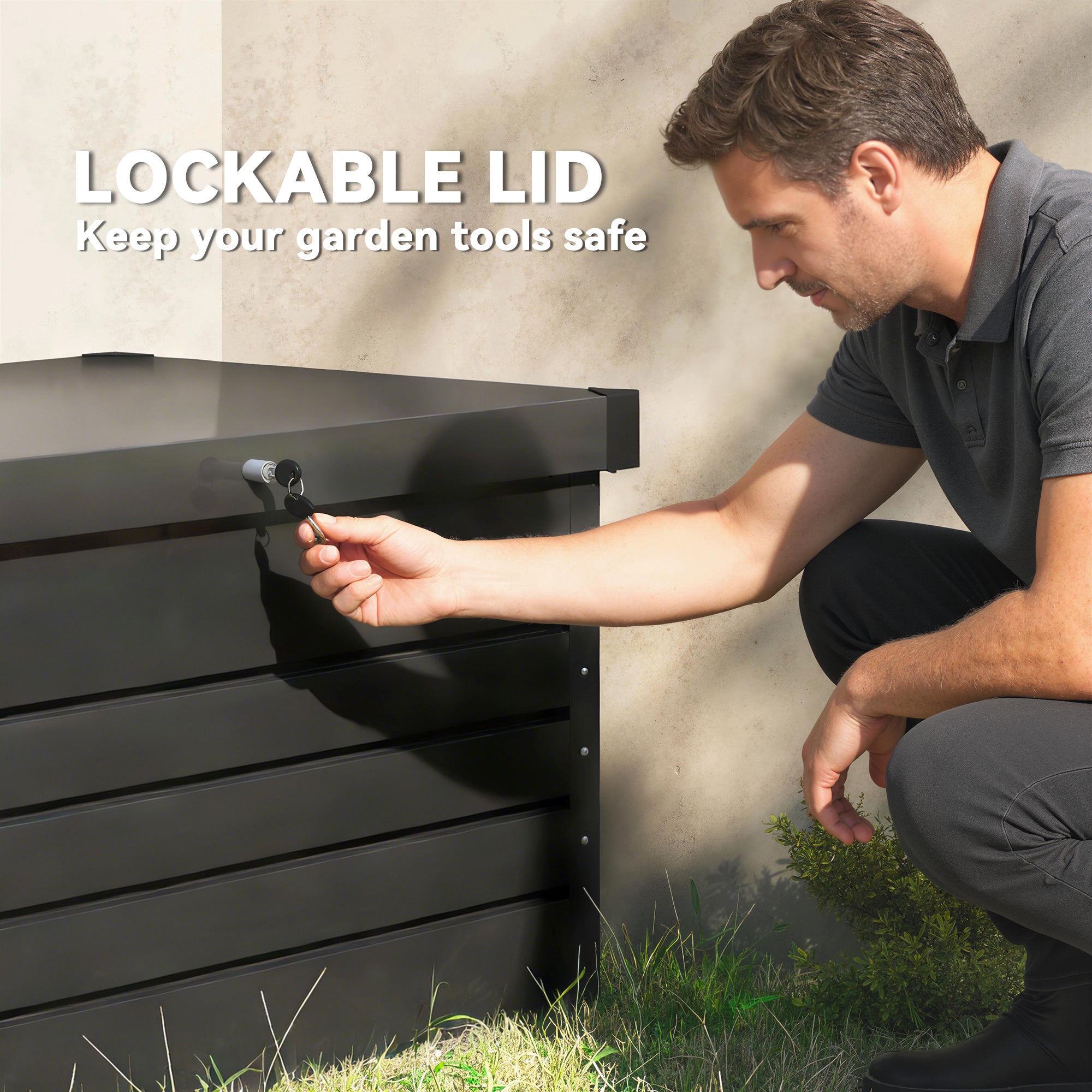 450L Metal Garden Storage Box — Lockable, Water-Resistant Cushion Chest with Double-Wall Lid & Gloves, 47.2×24.0×24.4 in (120×61×62 cm), Gray
