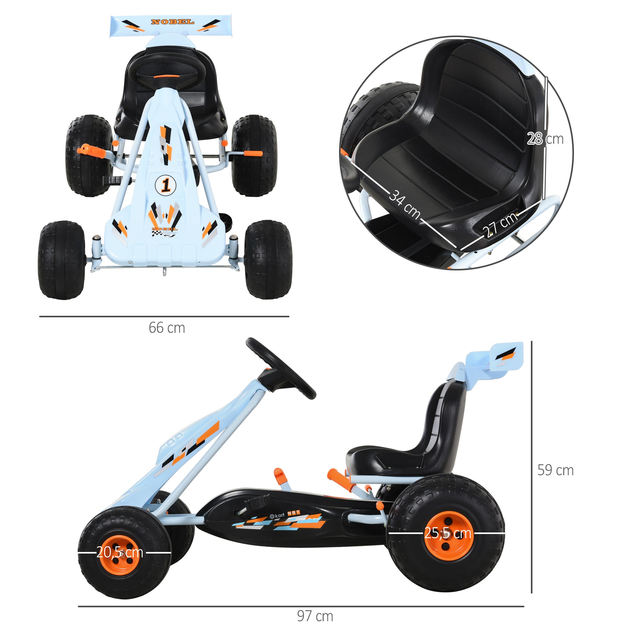 Go-Kart Pedal Car with Hand Brake, Adjustable Seat, Pedal, Forward and Reverse Gear, Chain Drive Children's Vehicle Toy Pedal Go-Kart for Kids Ages 3 and Up Light Blue