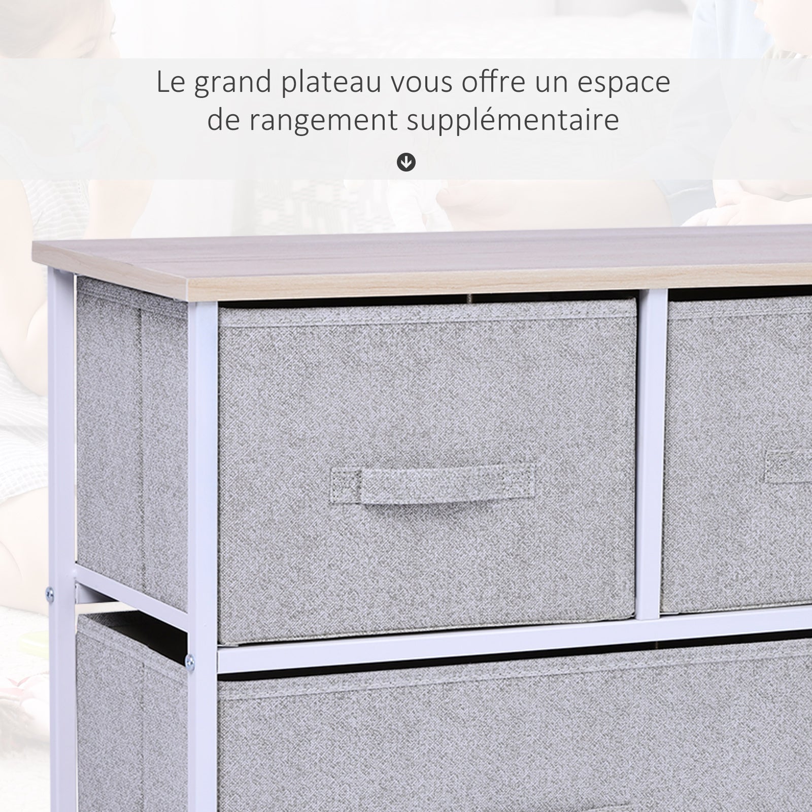 Chest of Drawers Storage Cabinet 100 x 30 x 54 cm 5 Non-Woven Drawers Gray Steel Frame White Light Wood