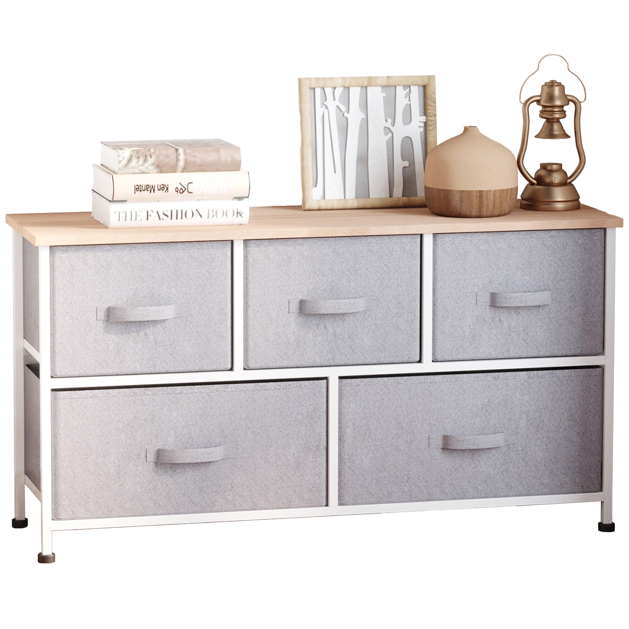 Chest of Drawers Storage Cabinet 100 x 30 x 54 cm 5 Non-Woven Drawers Gray Steel Frame White Light Wood