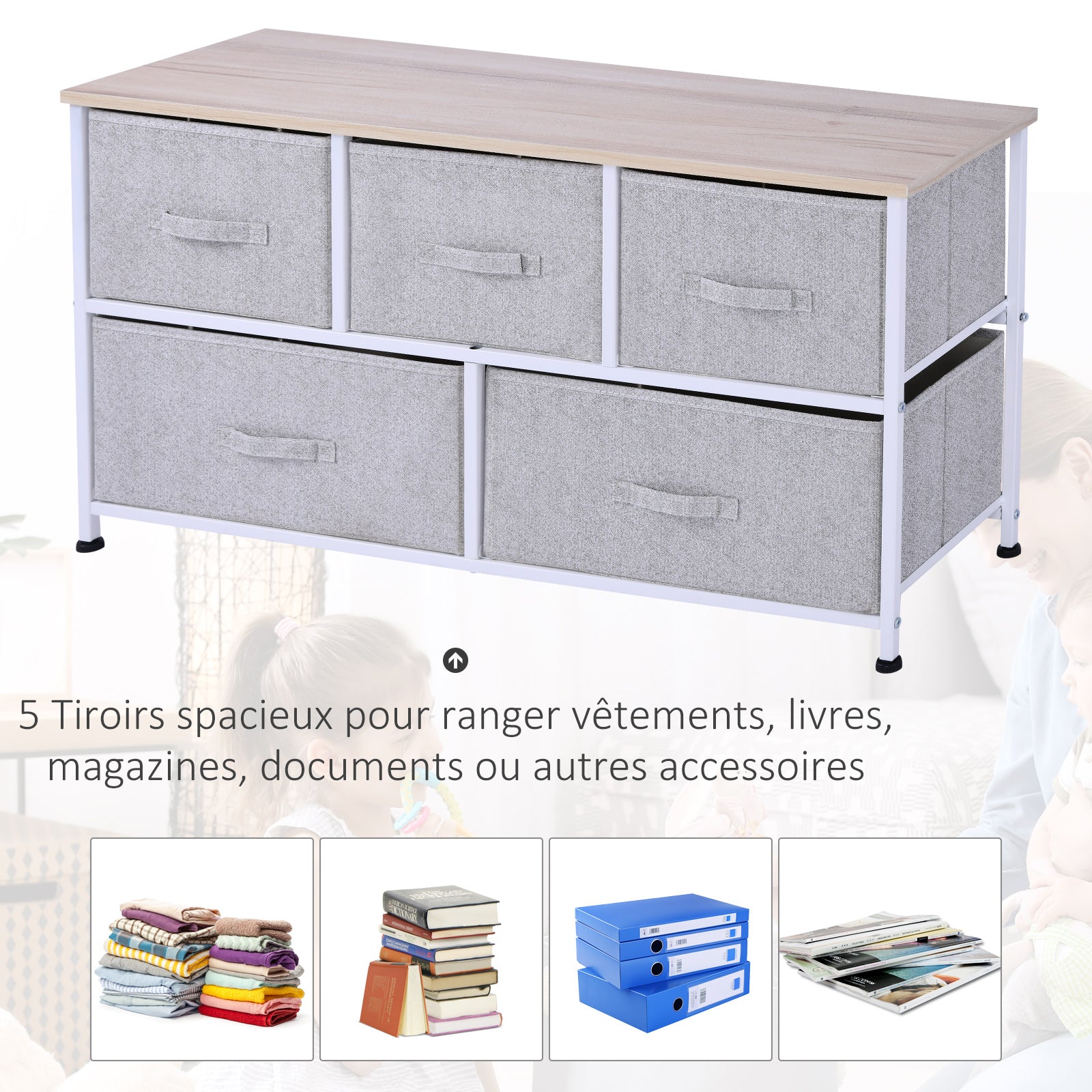 Chest of Drawers Storage Cabinet 100 x 30 x 54 cm 5 Non-Woven Drawers Gray Steel Frame White Light Wood