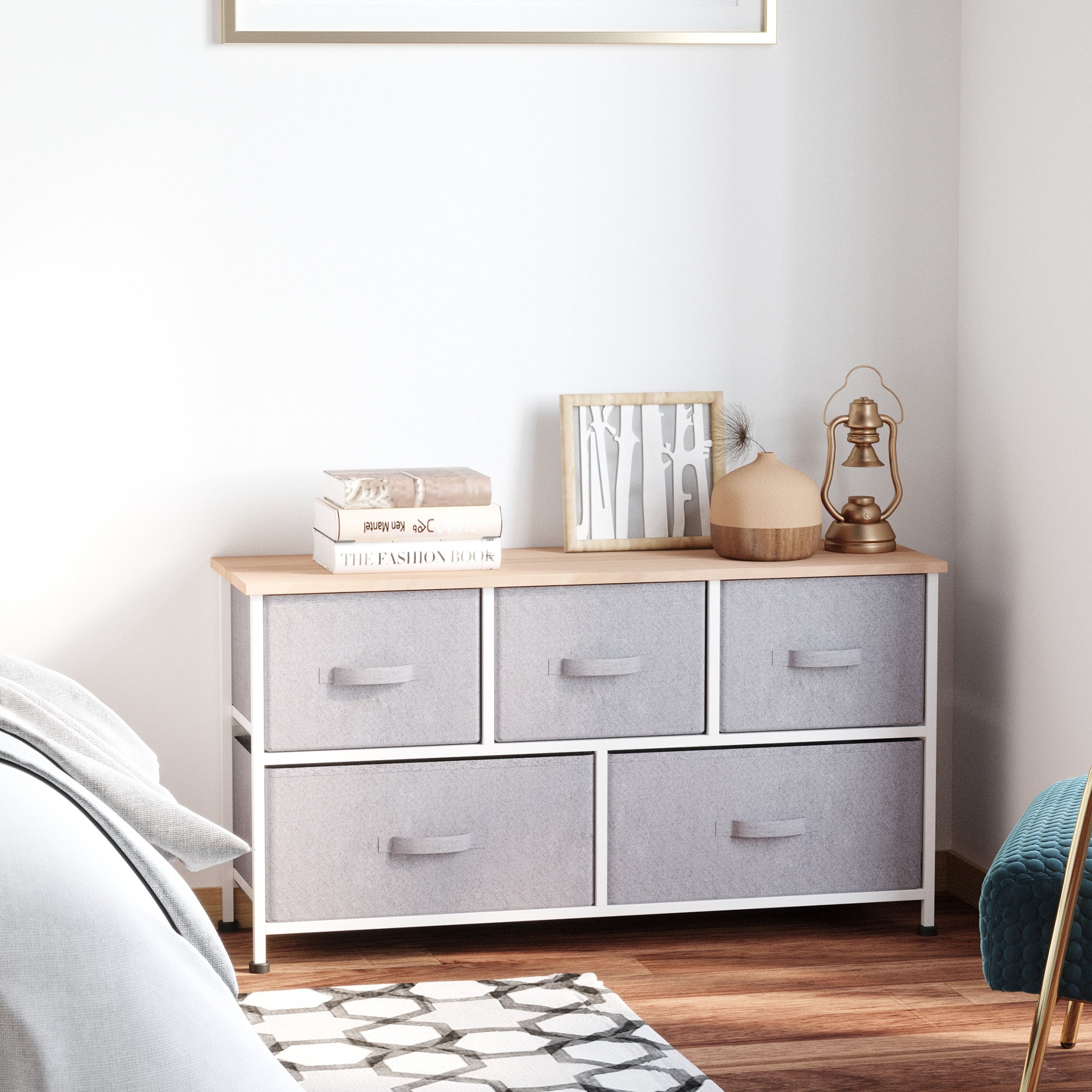 Chest of Drawers Storage Cabinet 100 x 30 x 54 cm 5 Non-Woven Drawers Gray Steel Frame White Light Wood
