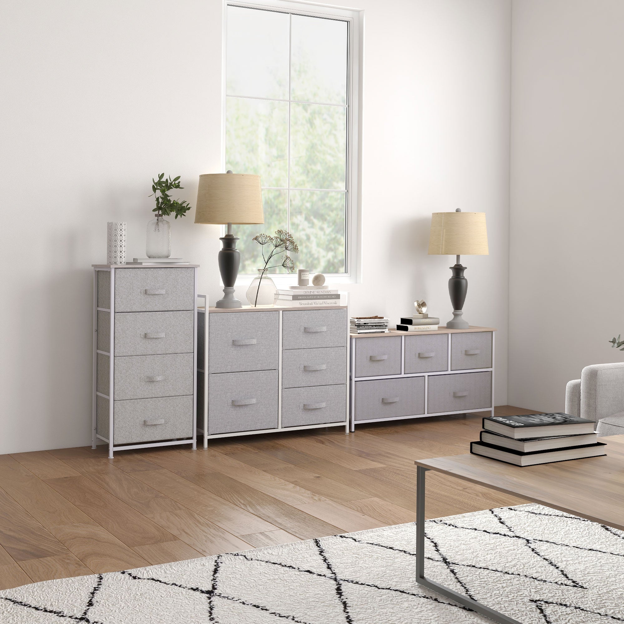 Chest of Drawers Storage Cabinet 100 x 30 x 54 cm 5 Non-Woven Drawers Gray Steel Frame White Light Wood