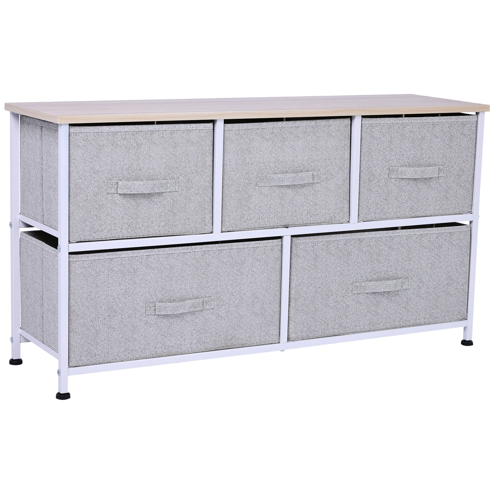 Chest of Drawers Storage Cabinet 100 x 30 x 54 cm 5 Non-Woven Drawers Gray Steel Frame White Light Wood