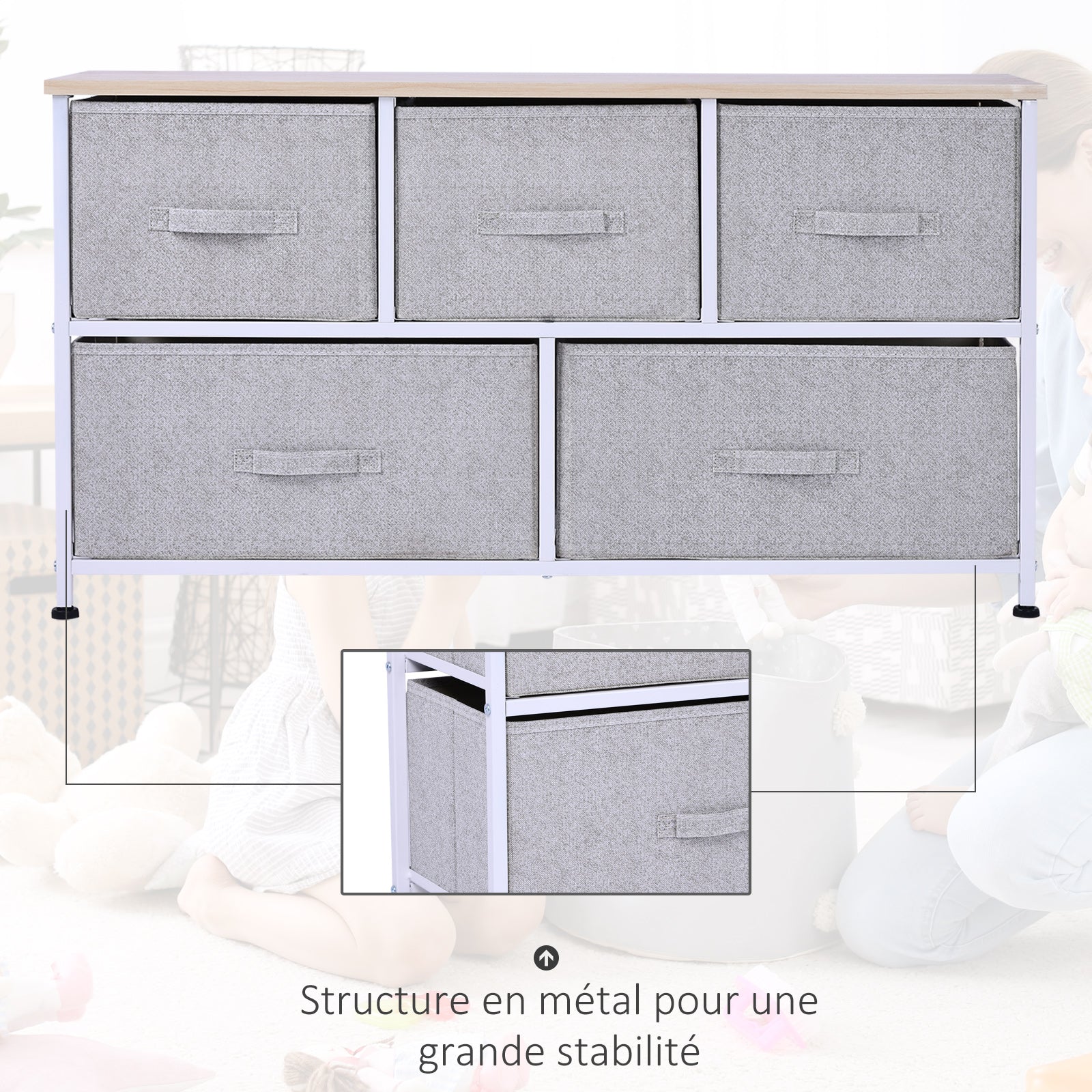 Chest of Drawers Storage Cabinet 100 x 30 x 54 cm 5 Non-Woven Drawers Gray Steel Frame White Light Wood