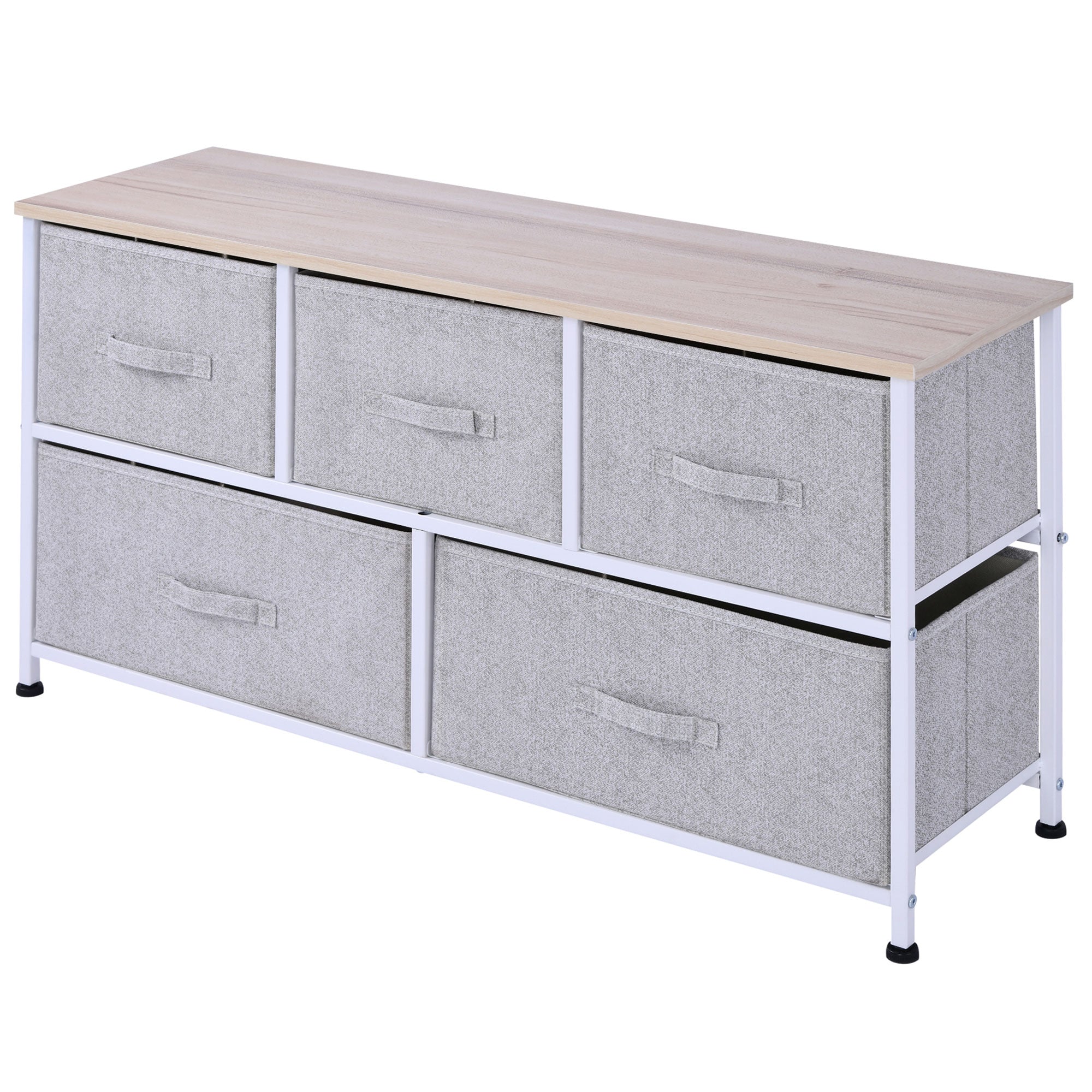 Chest of Drawers Storage Cabinet 100 x 30 x 54 cm 5 Non-Woven Drawers Gray Steel Frame White Light Wood
