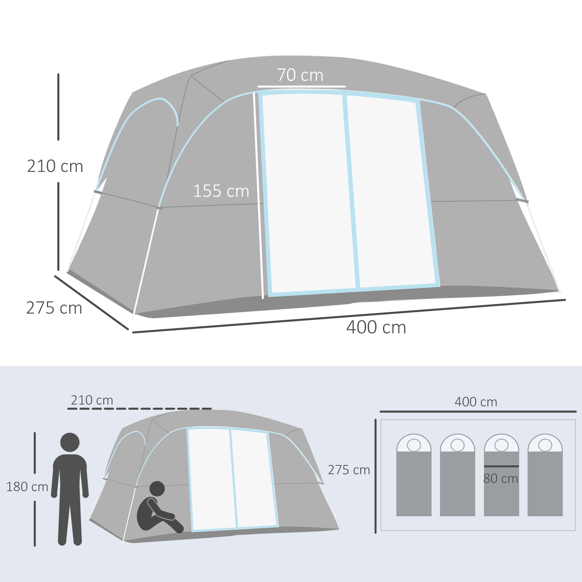 Family Camping Tent for 4-8 People with 2 Bedrooms Large Camping Tent with 2 Mesh Windows and Pockets Waterproof 400x275x210 cm Gray and Light Blue