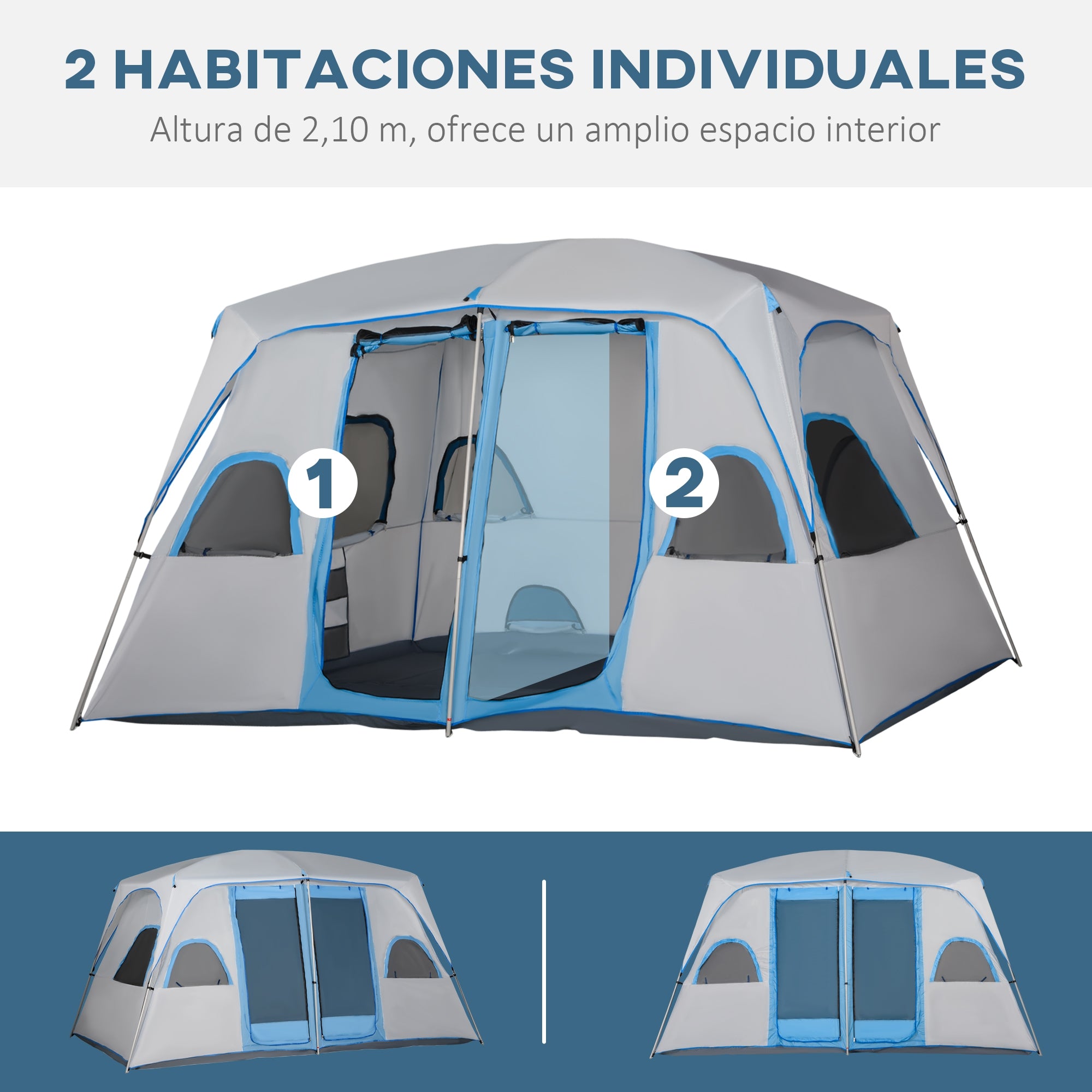 Family Camping Tent for 4-8 People with 2 Bedrooms Large Camping Tent with 2 Mesh Windows and Pockets Waterproof 400x275x210 cm Gray and Light Blue