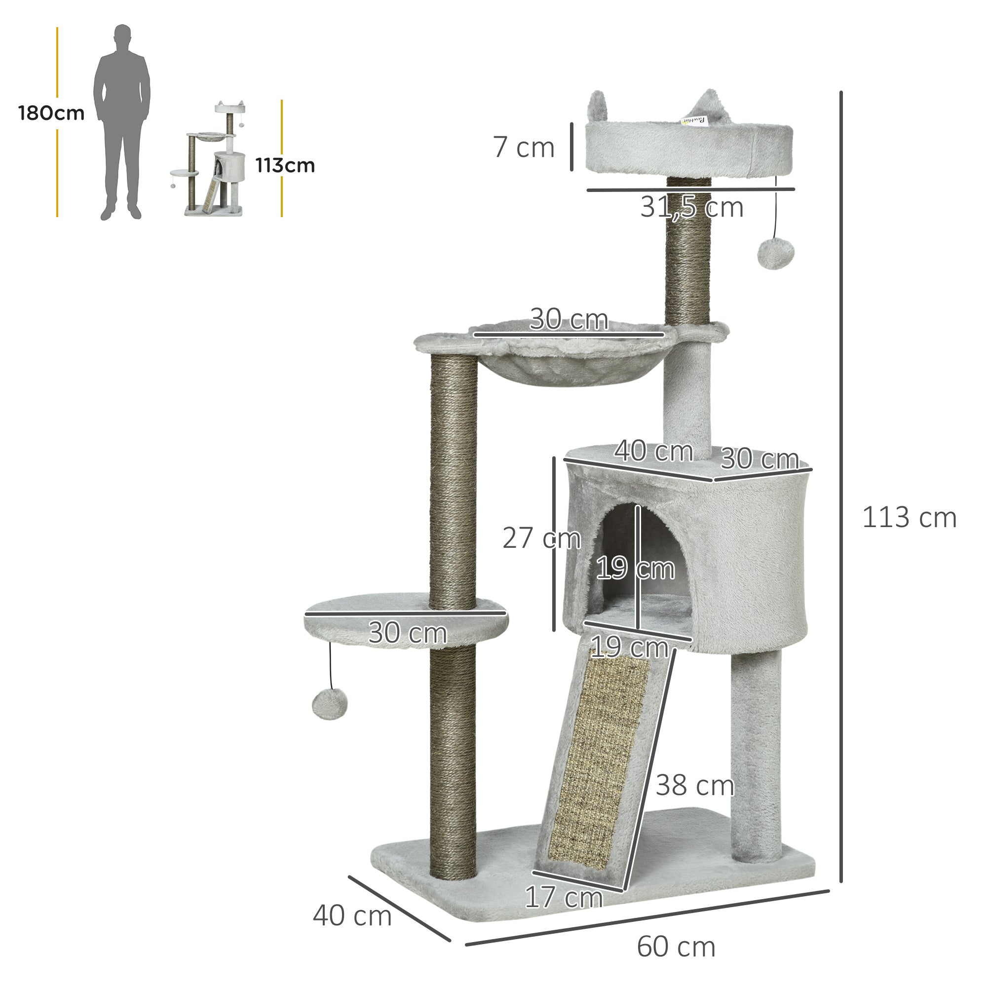 Cat Tree 113 cm Cat Tower with Cat Cave Sisal Column Cat Scratching Tree Play Tree with Ramp and Hammock Cat Toy Light Grey