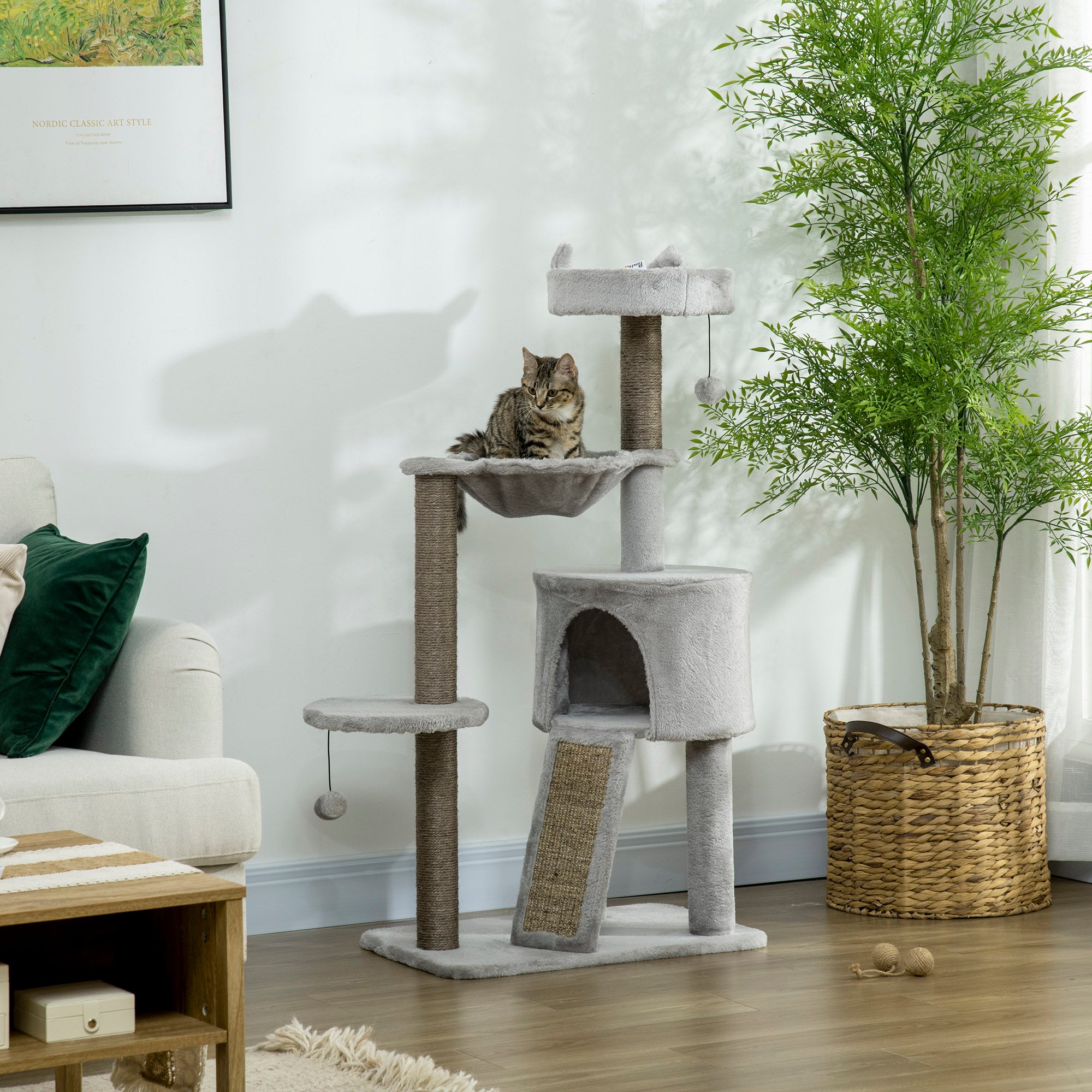 Cat Tree 113 cm Cat Tower with Cat Cave Sisal Column Cat Scratching Tree Play Tree with Ramp and Hammock Cat Toy Light Grey