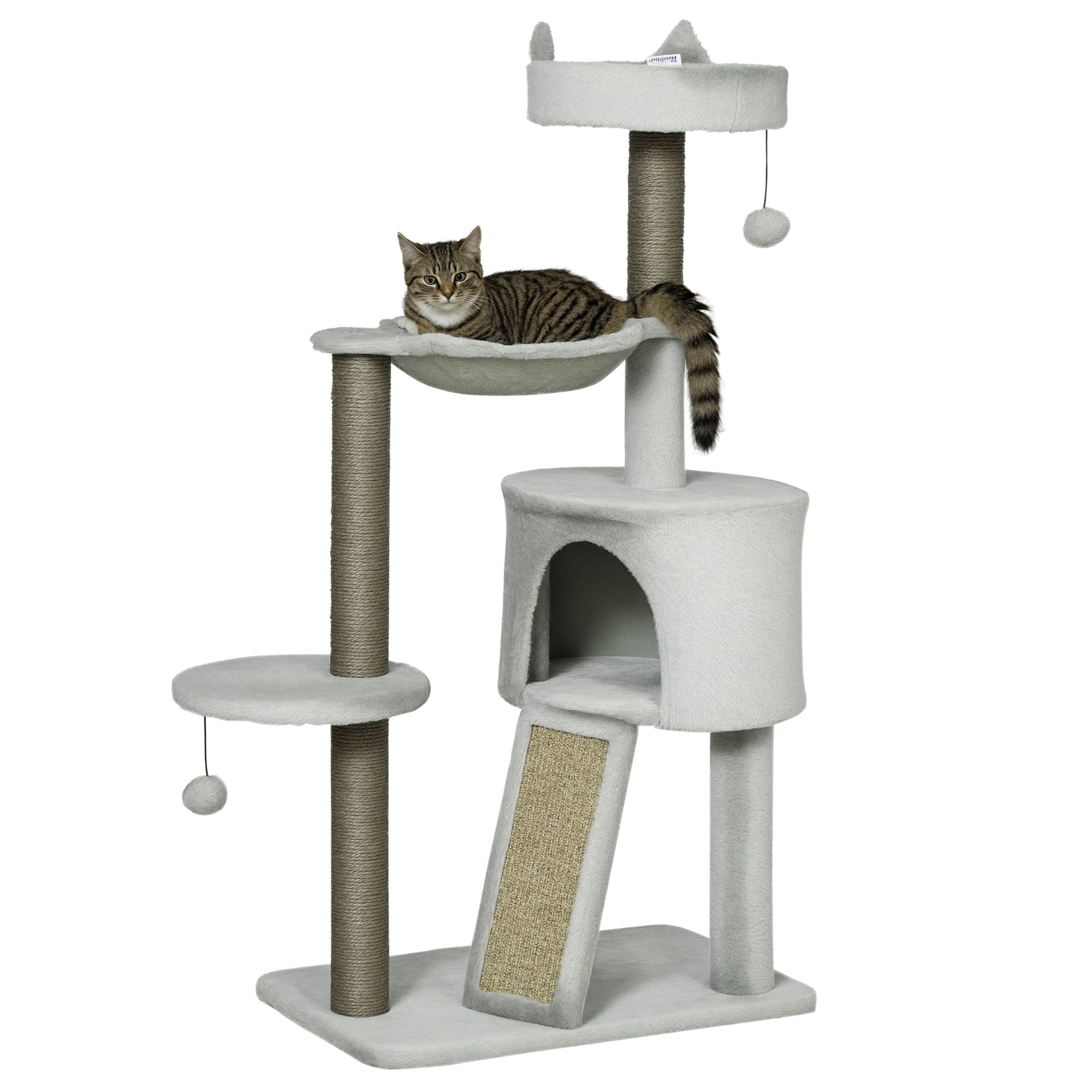 Cat Tree 113 cm Cat Tower with Cat Cave Sisal Column Cat Scratching Tree Play Tree with Ramp and Hammock Cat Toy Light Grey