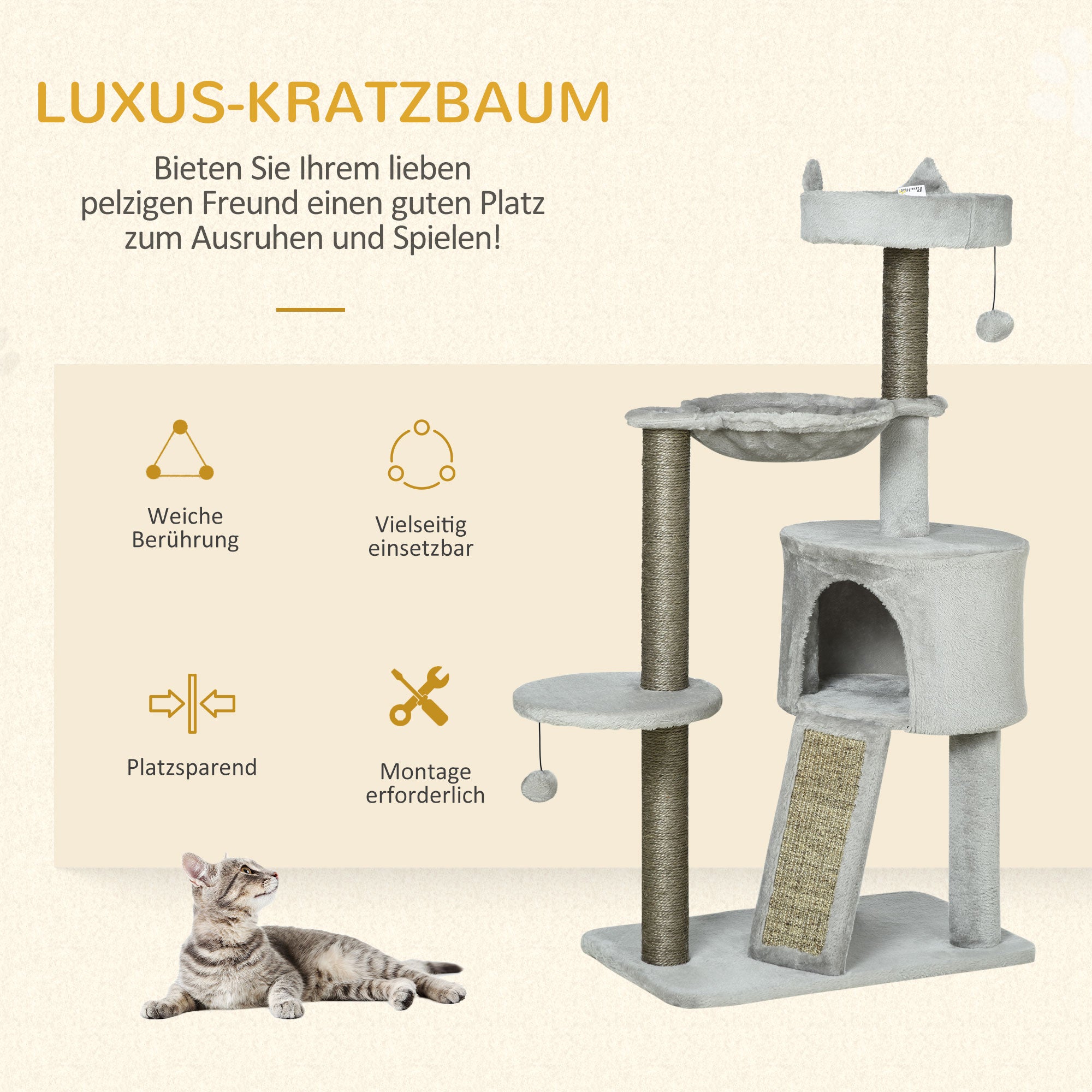 Cat Tree 113 cm Cat Tower with Cat Cave Sisal Column Cat Scratching Tree Play Tree with Ramp and Hammock Cat Toy Light Grey