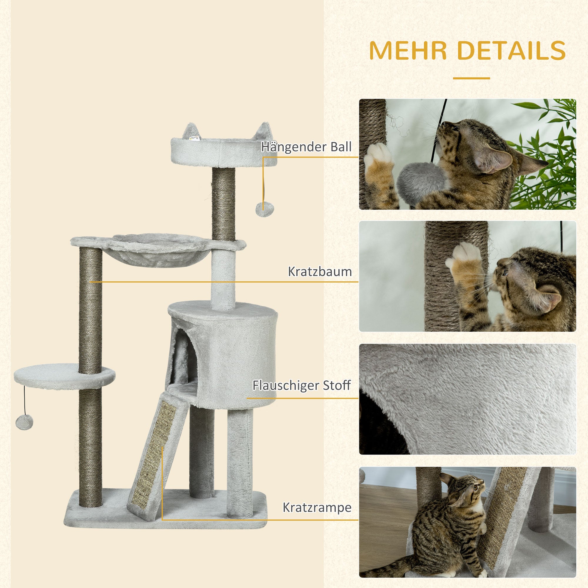 Cat Tree 113 cm Cat Tower with Cat Cave Sisal Column Cat Scratching Tree Play Tree with Ramp and Hammock Cat Toy Light Grey