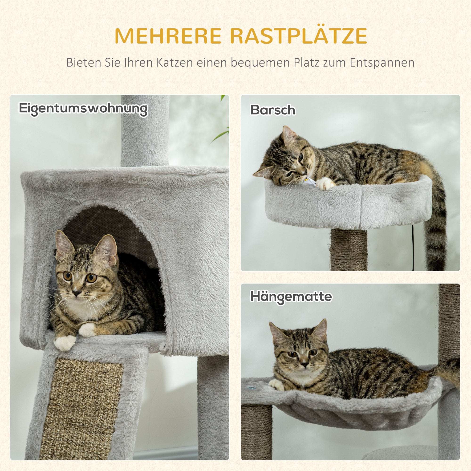 Cat Tree 113 cm Cat Tower with Cat Cave Sisal Column Cat Scratching Tree Play Tree with Ramp and Hammock Cat Toy Light Grey