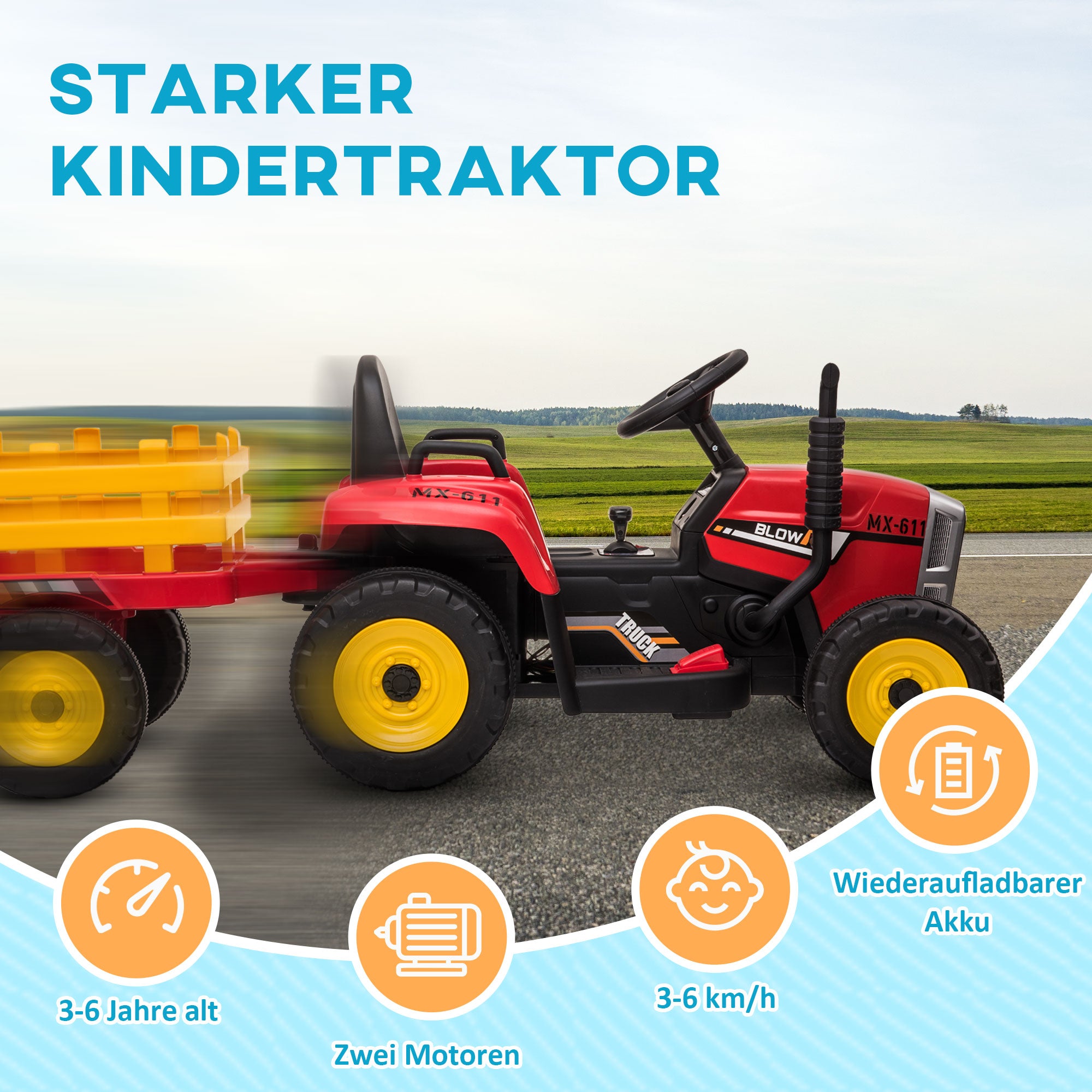 Electric Tractor with Trailer, Kids Ride-On Tractor with Remote Control, Kids Electric Car with MP3 Function, Children's Vehicle with Headlights, 3-6KM/H, for Children 3-6 Years Old, Red