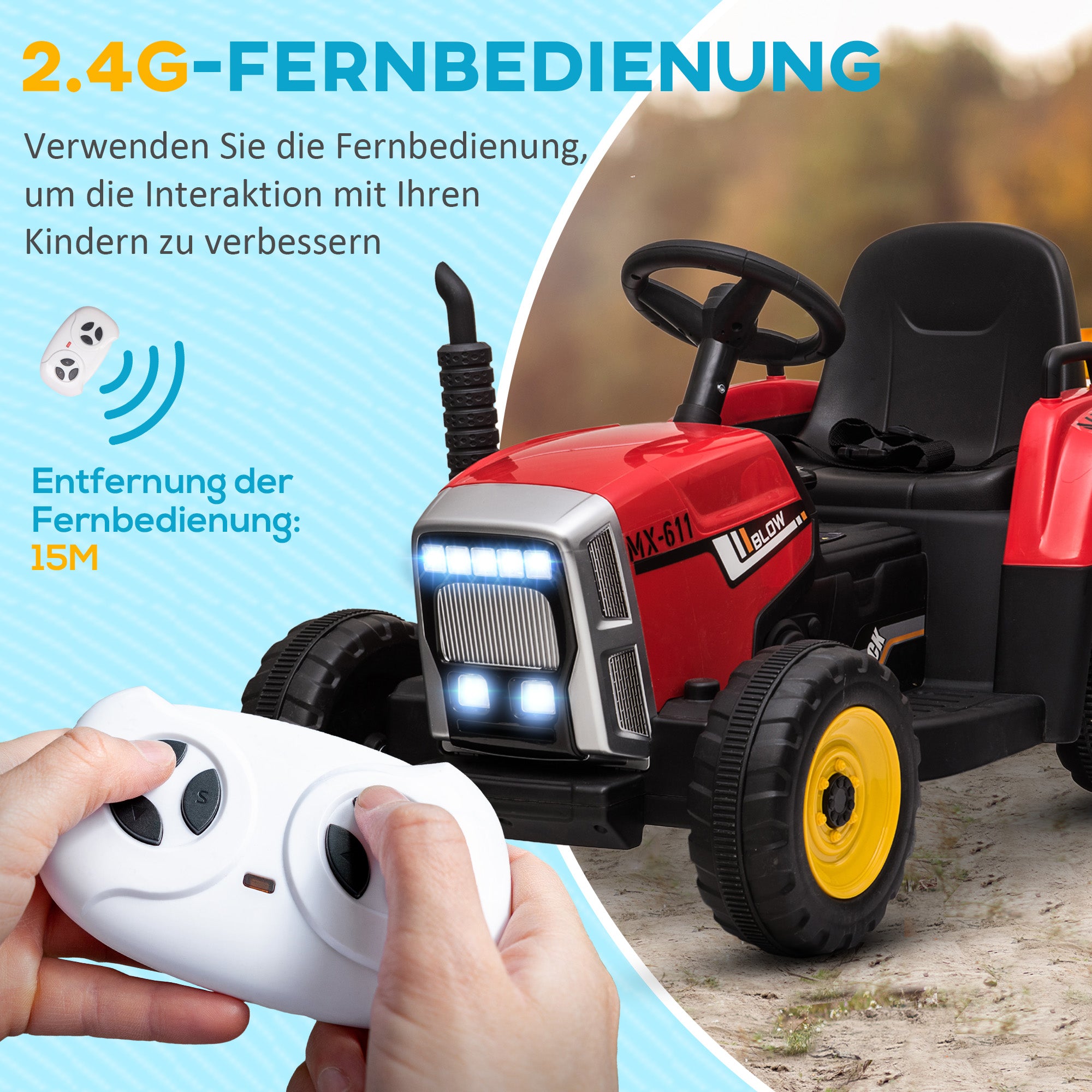 Electric Tractor with Trailer, Kids Ride-On Tractor with Remote Control, Kids Electric Car with MP3 Function, Children's Vehicle with Headlights, 3-6KM/H, for Children 3-6 Years Old, Red