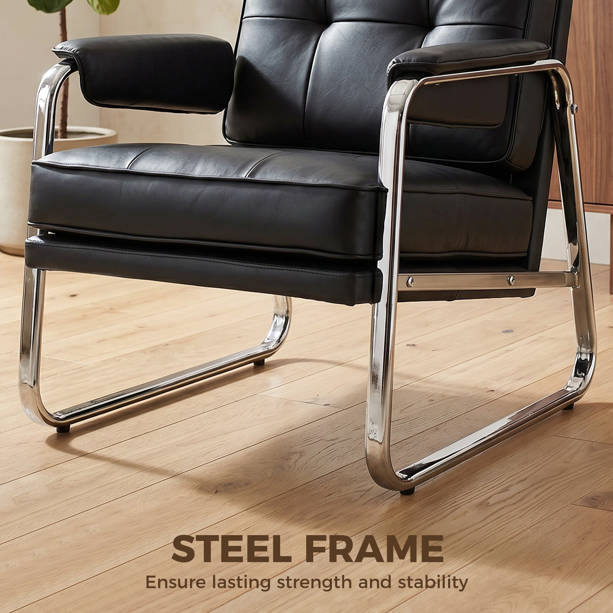 PU Leather Accent Chair — Wide Seat, Thick Foam, Metal Base, Button-Tufted — Black