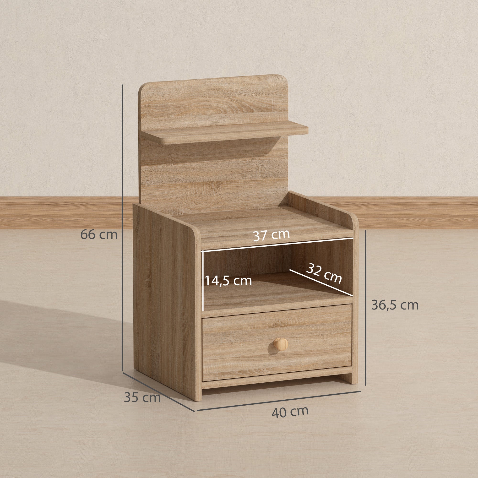 Nightstand with Drawer, Side Table, Bedside Cabinet with Open Shelf, Compartment, Nightstand for Bedroom, Living Room, 40 x 35 x 66 cm, Natural wood