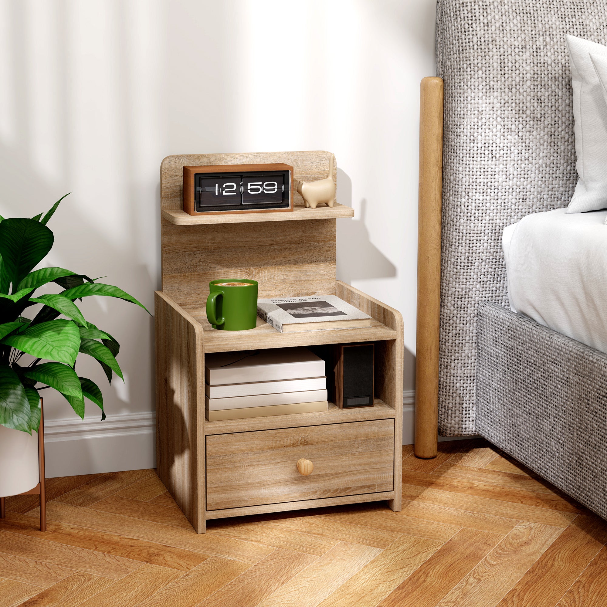 Nightstand with Drawer, Side Table, Bedside Cabinet with Open Shelf, Compartment, Nightstand for Bedroom, Living Room, 40 x 35 x 66 cm, Natural wood