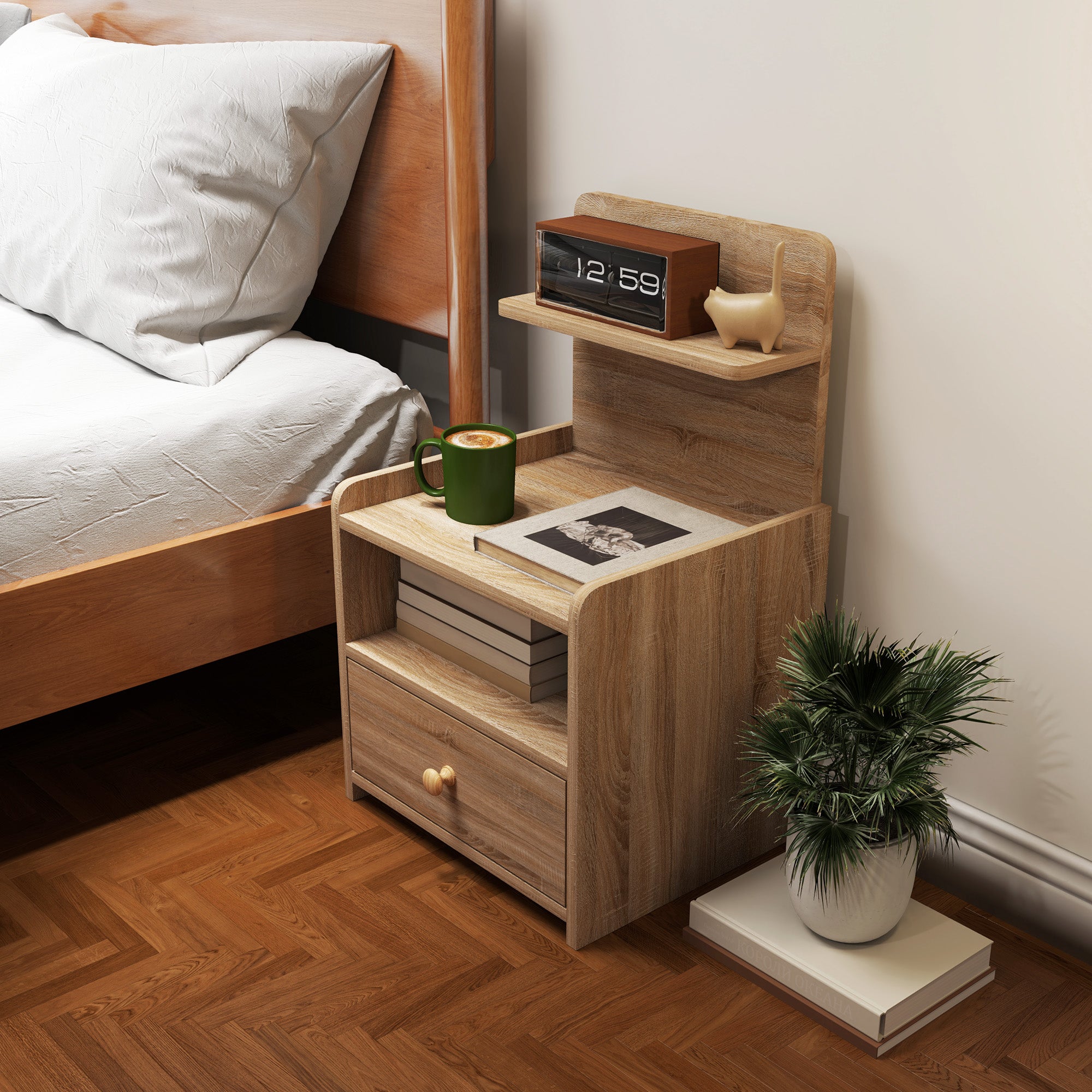 Nightstand with Drawer, Side Table, Bedside Cabinet with Open Shelf, Compartment, Nightstand for Bedroom, Living Room, 40 x 35 x 66 cm, Natural wood