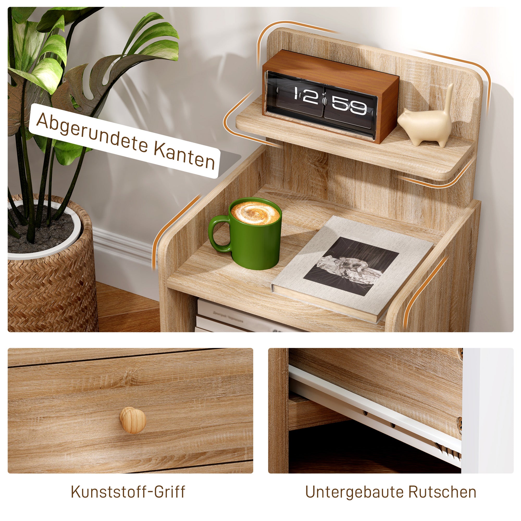 Nightstand with Drawer, Side Table, Bedside Cabinet with Open Shelf, Compartment, Nightstand for Bedroom, Living Room, 40 x 35 x 66 cm, Natural wood