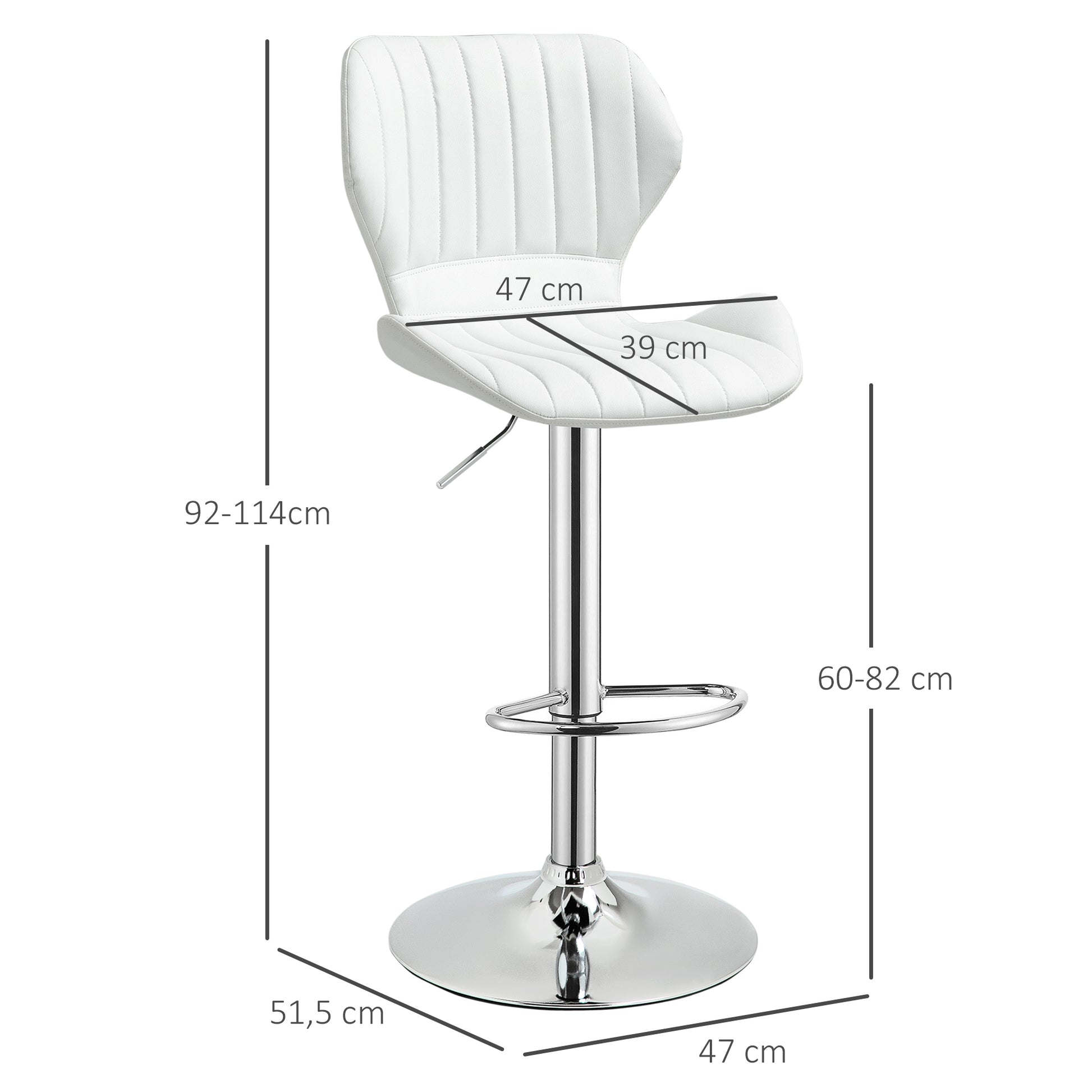 Set of 2 High Kitchen Bar Stools and Swivel Bar Stools with Backrest and Metal Frame 47x51.5x92-114 cm White
