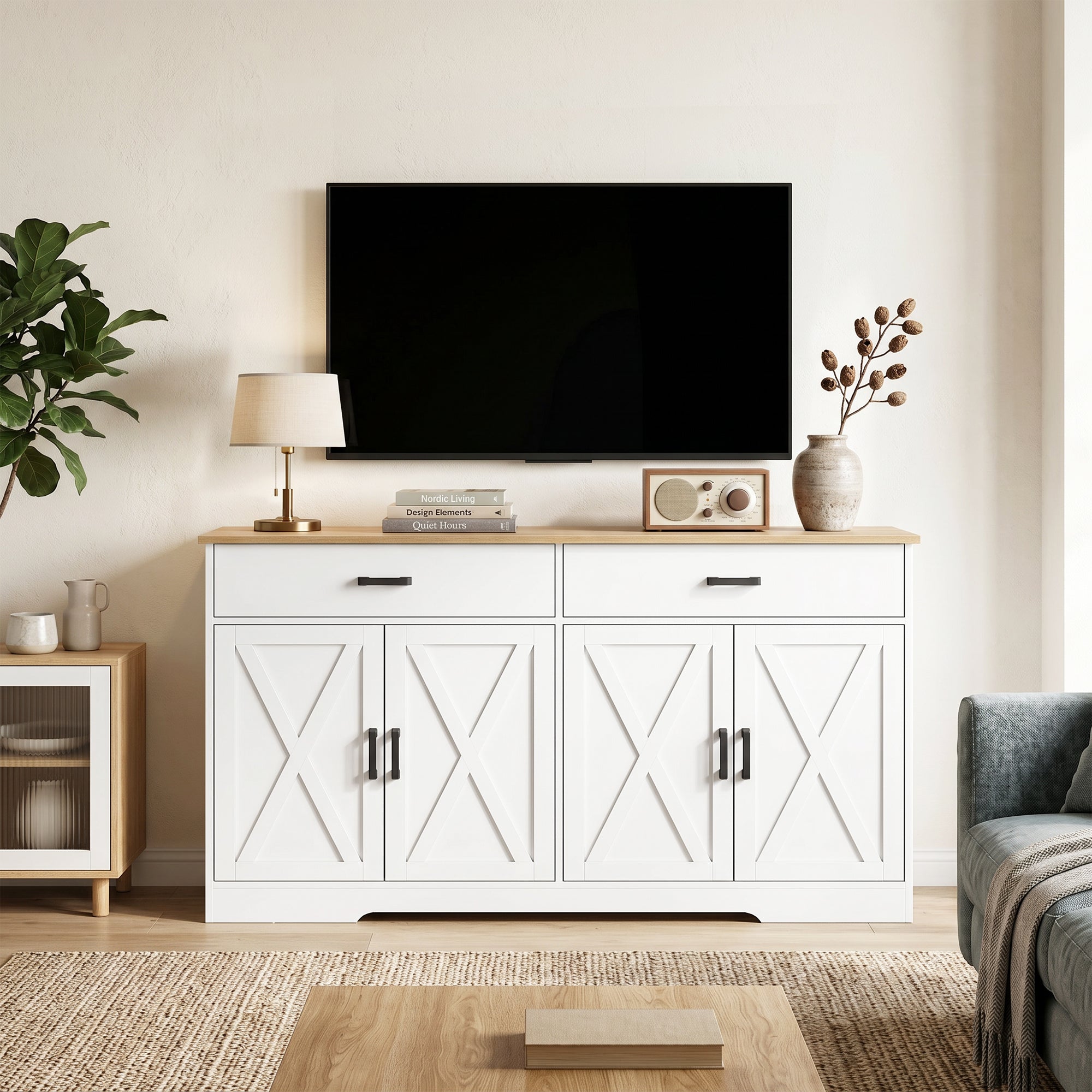 Sideboard Buffet Cabinet, 55.1 in Farmhouse Kitchen Cabinet with 2 Drawers & 2 Cabinets, Coffee Bar with Sliding/Barn-Style Doors and Adjustable Shelves, White