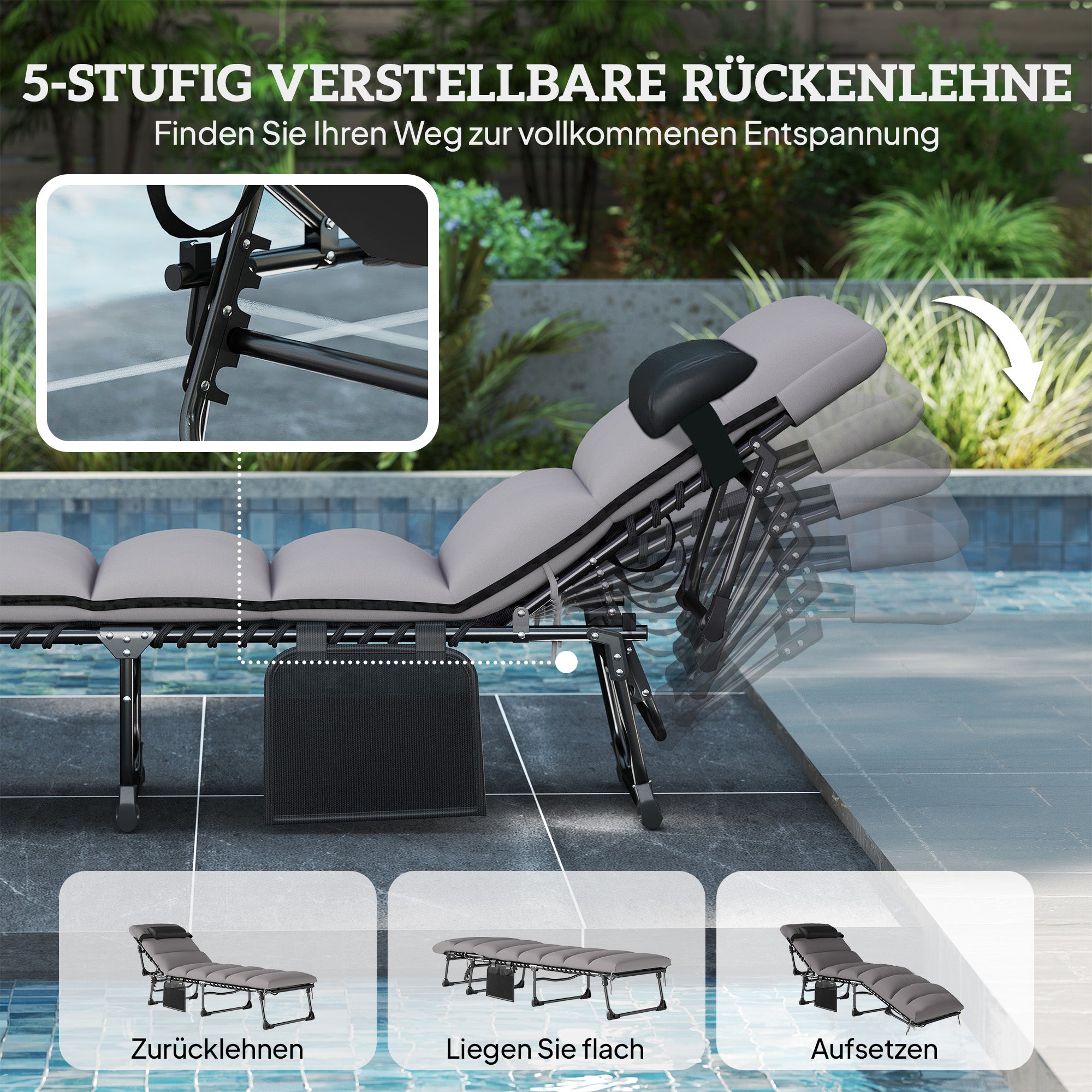 Folding Portable Sun Lounger – 5-Position Adjustable Backrest, Padded Mattress & Headrest, Side Pocket, Breathable Mesh Recliner for Garden, Patio & Pool