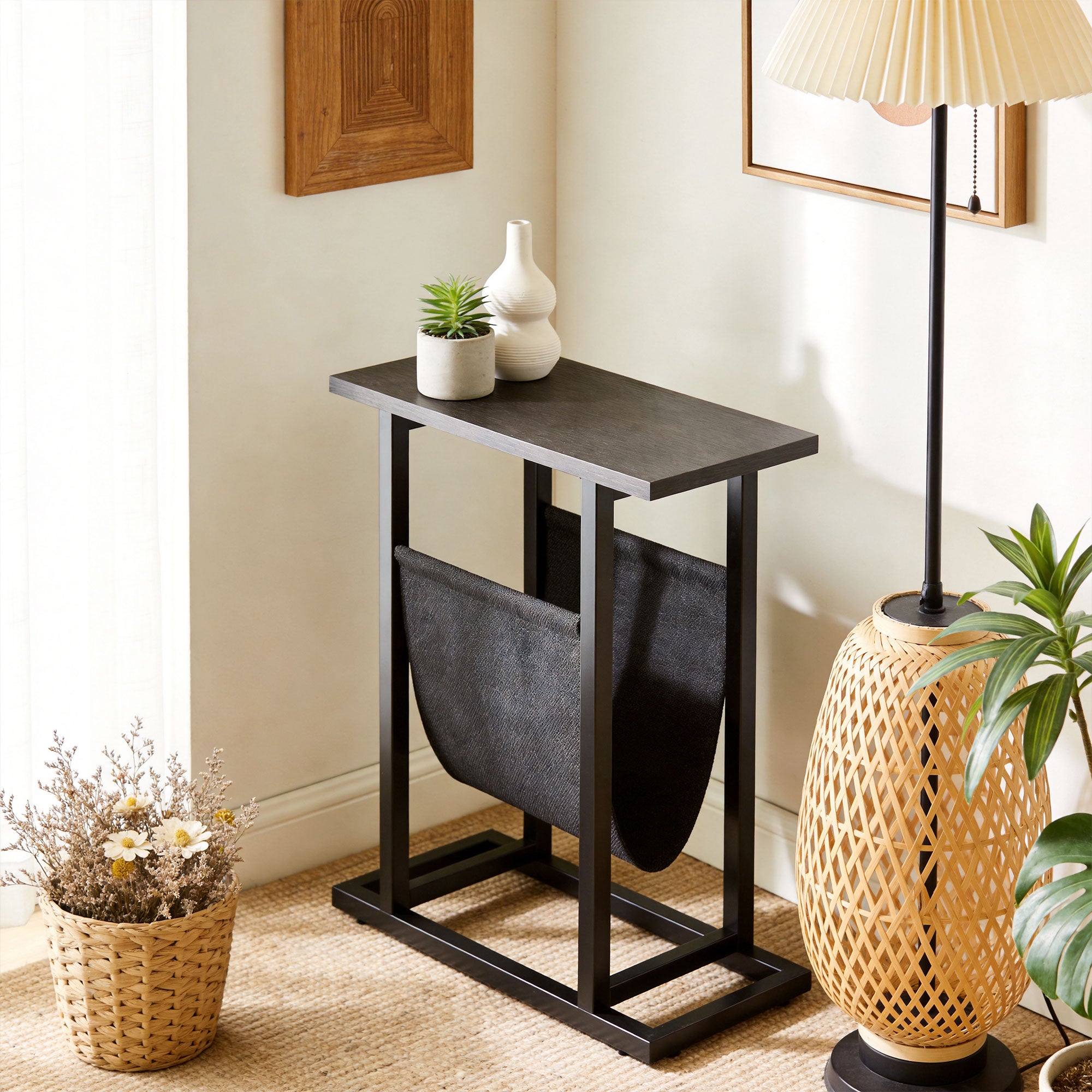 Side Table/Nightstand with Fabric Pocket, Steel Frame End Table for Living Room & Bedroom, 19.3 x 7.5 x 21.7 in, Black