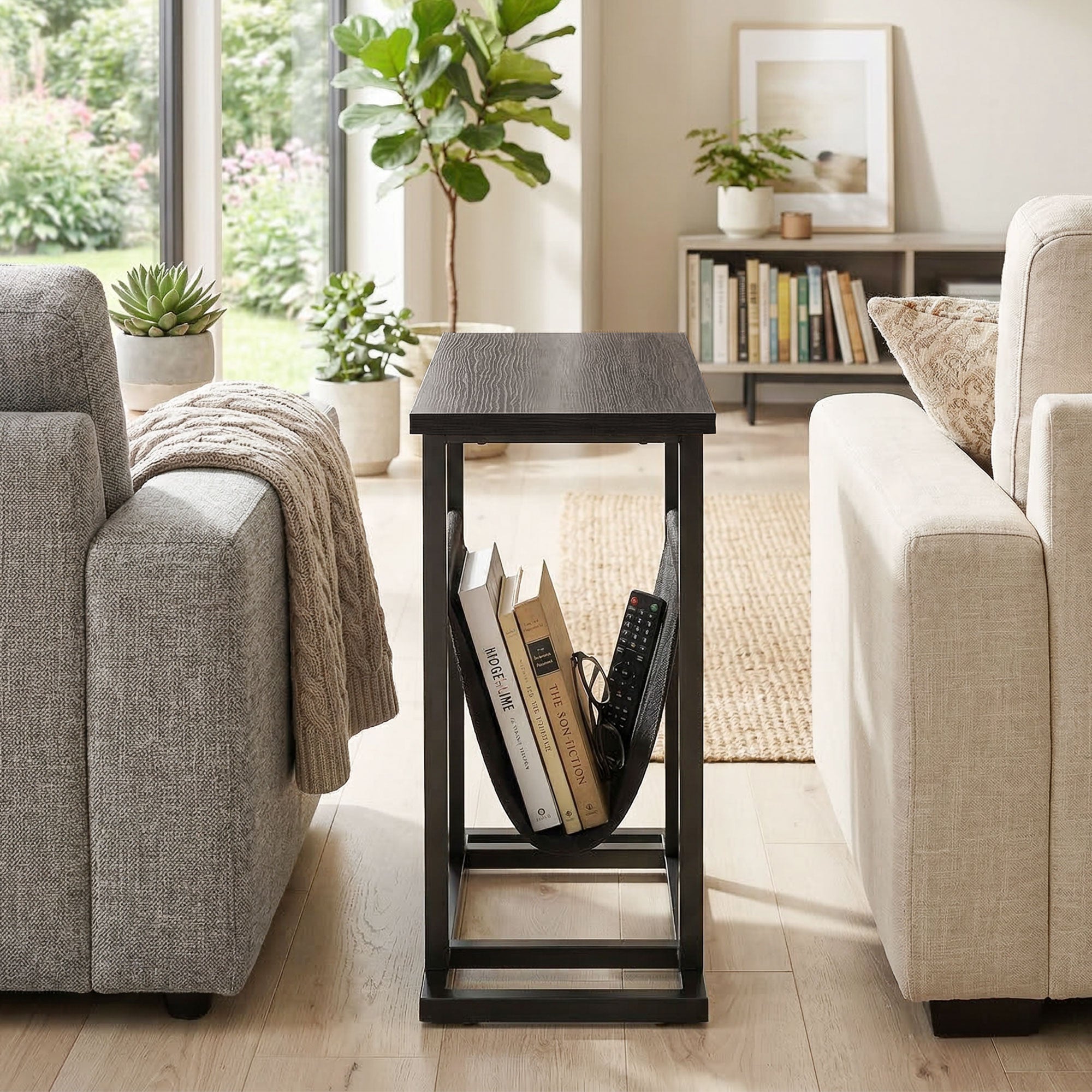 Side Table/Nightstand with Fabric Pocket, Steel Frame End Table for Living Room & Bedroom, 19.3 x 7.5 x 21.7 in, Black