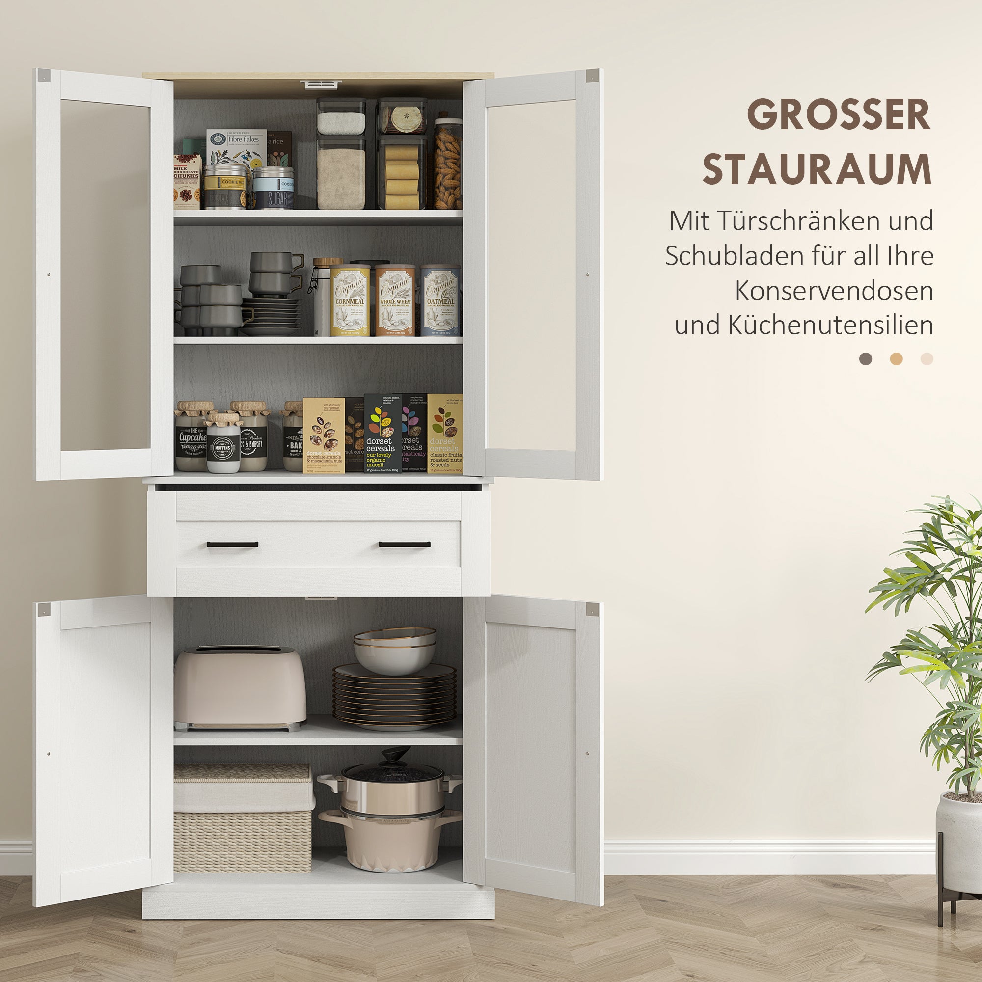 Kitchen Cabinet, Tall Cabinet with Drawer, Adjustable Shelves, Kitchen Buffet with Acrylic Doors, 2 Cabinet Compartments for Living Room, Dining Room, 76 x 40 x 182.5 cm, Cream white