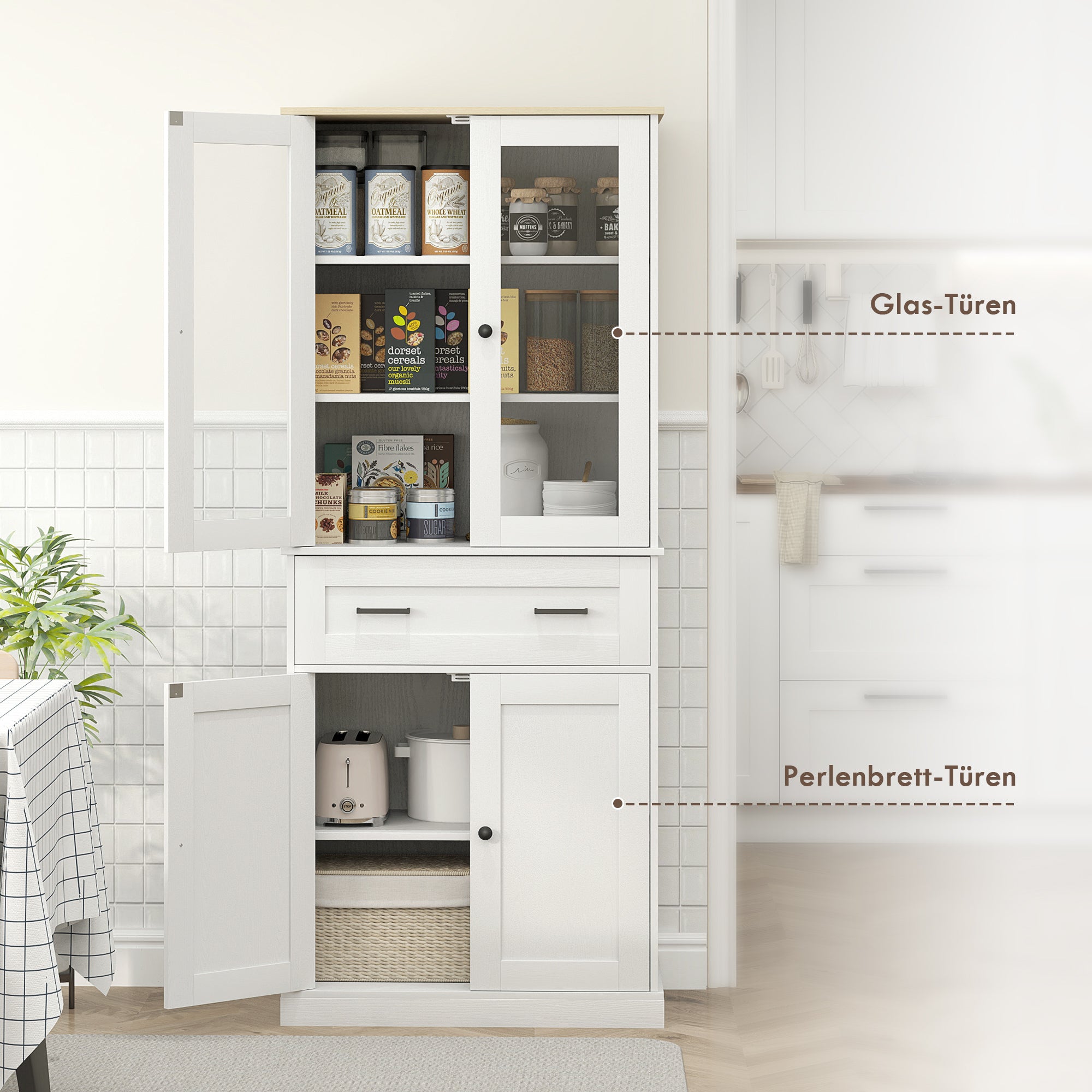Kitchen Cabinet, Tall Cabinet with Drawer, Adjustable Shelves, Kitchen Buffet with Acrylic Doors, 2 Cabinet Compartments for Living Room, Dining Room, 76 x 40 x 182.5 cm, Cream white