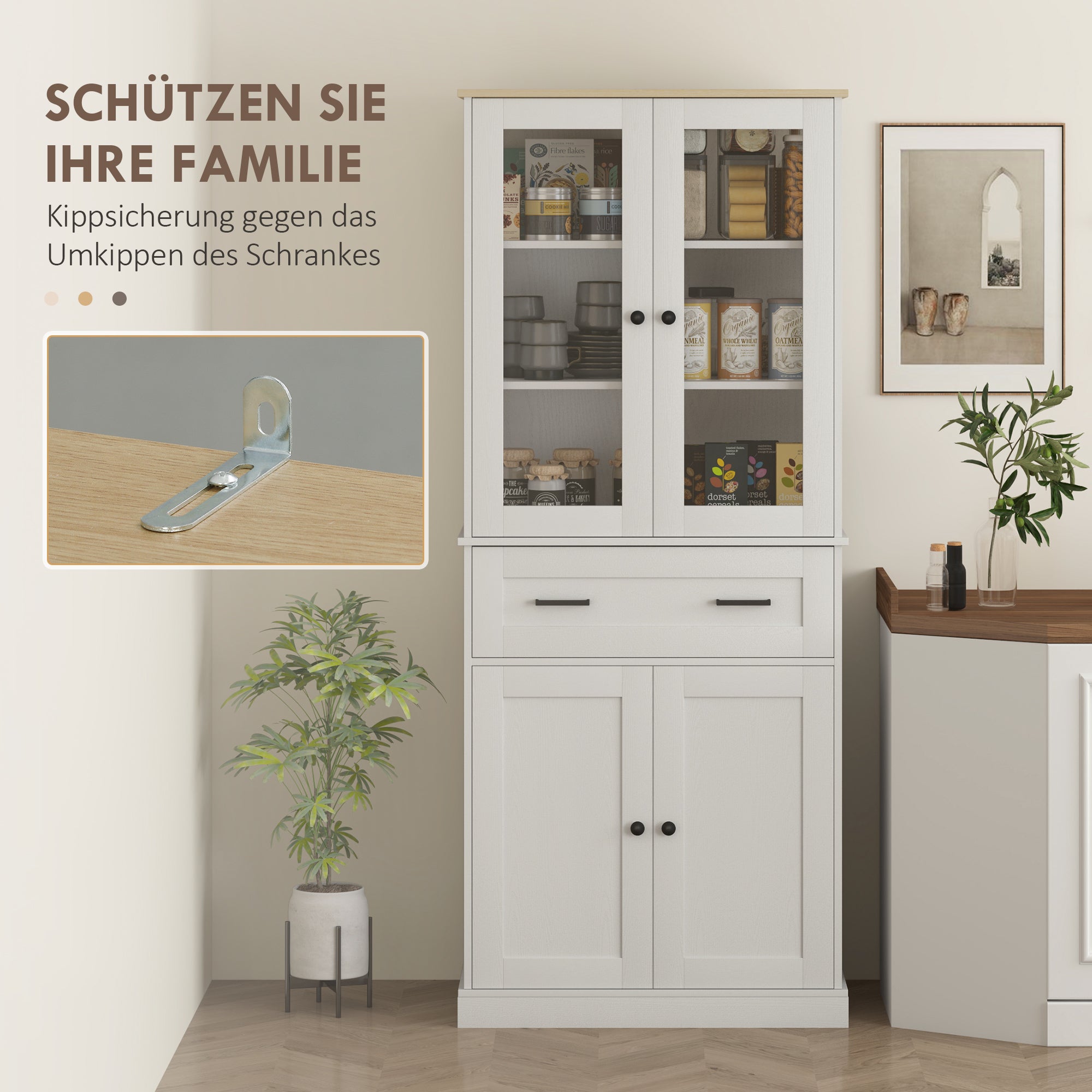 Kitchen Cabinet, Tall Cabinet with Drawer, Adjustable Shelves, Kitchen Buffet with Acrylic Doors, 2 Cabinet Compartments for Living Room, Dining Room, 76 x 40 x 182.5 cm, Cream white