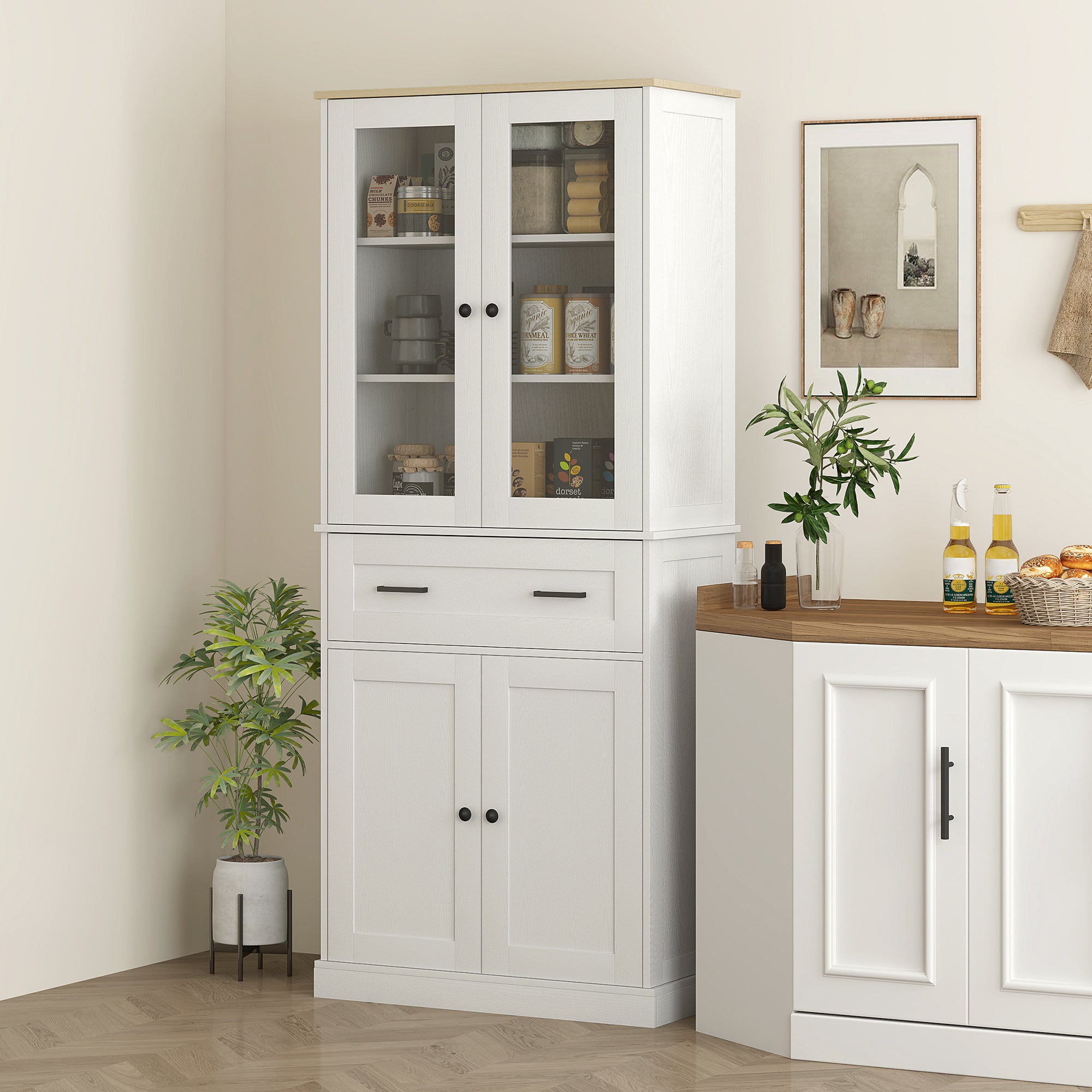Kitchen Cabinet, Tall Cabinet with Drawer, Adjustable Shelves, Kitchen Buffet with Acrylic Doors, 2 Cabinet Compartments for Living Room, Dining Room, 76 x 40 x 182.5 cm, Cream white