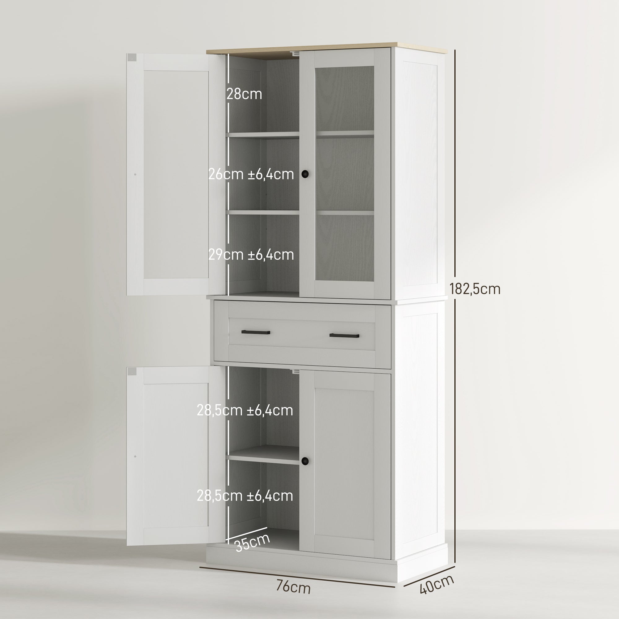 Kitchen Cabinet, Tall Cabinet with Drawer, Adjustable Shelves, Kitchen Buffet with Acrylic Doors, 2 Cabinet Compartments for Living Room, Dining Room, 76 x 40 x 182.5 cm, Cream white